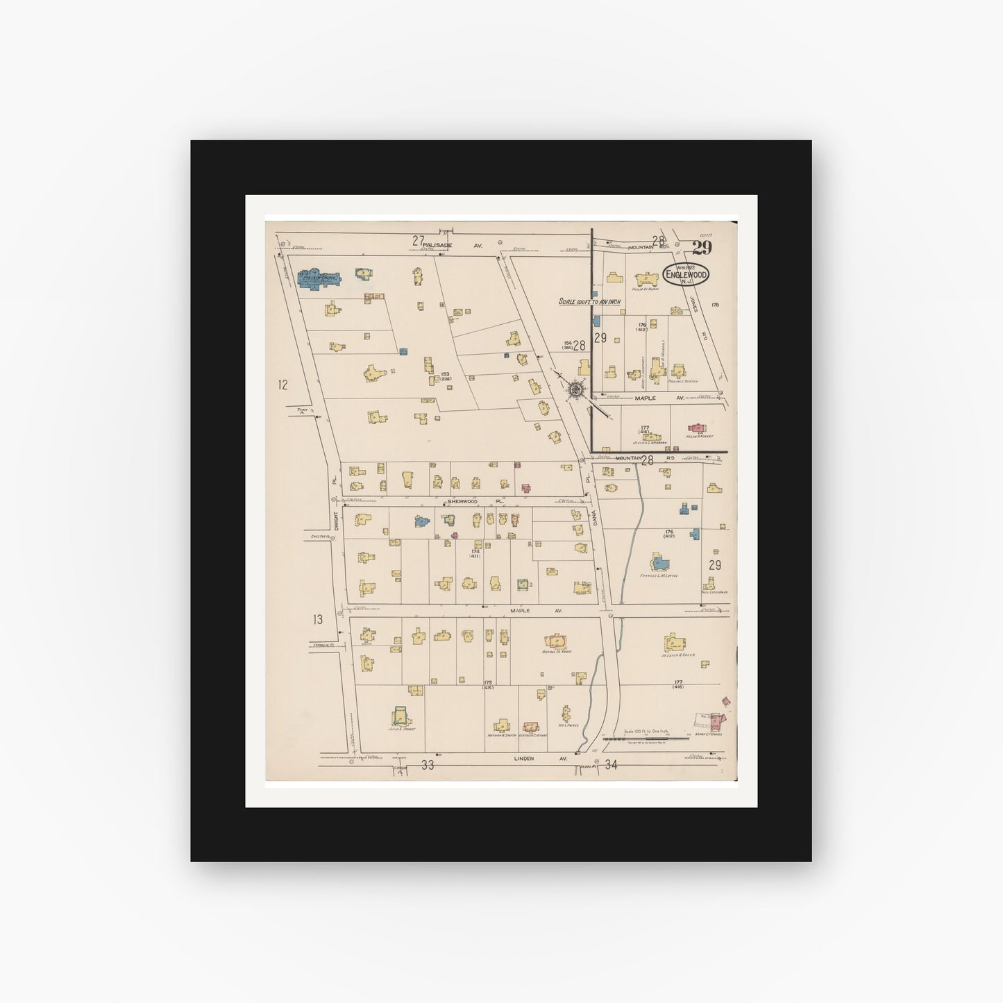 Old map wall art mockup — black gallery frame with white mat — Sanborn Fire Insurance Map from Englewood, Bergen County, New Jersey (1922), Sheet #0029