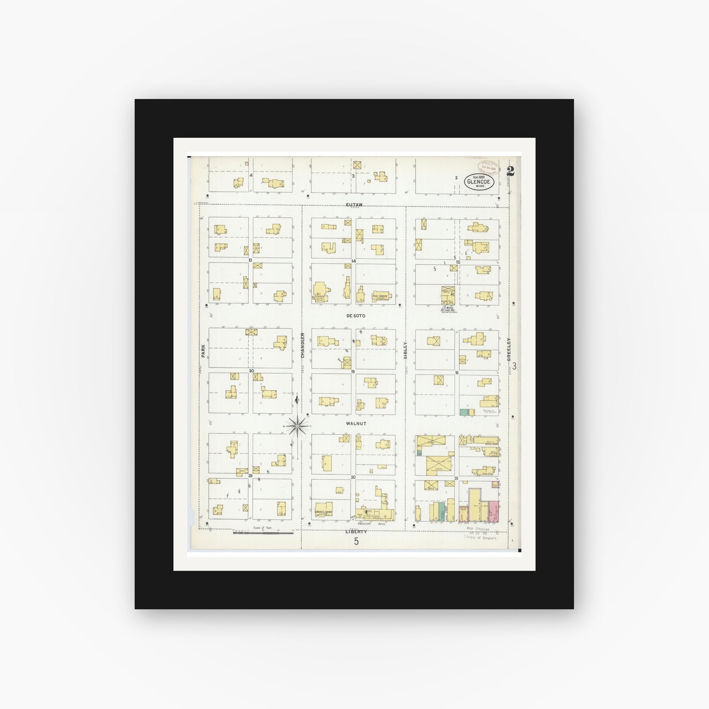 Old map wall art mockup — black gallery frame with white mat — Sanborn Fire Insurance Map from Glencoe, Mcleod County, Minnesota (1899), Sheet #0002