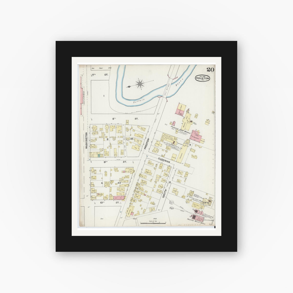 Old map wall art mockup — black gallery frame with white mat — Sanborn Fire Insurance Map from Houston, Harris County, Texas (1890), Sheet #0020