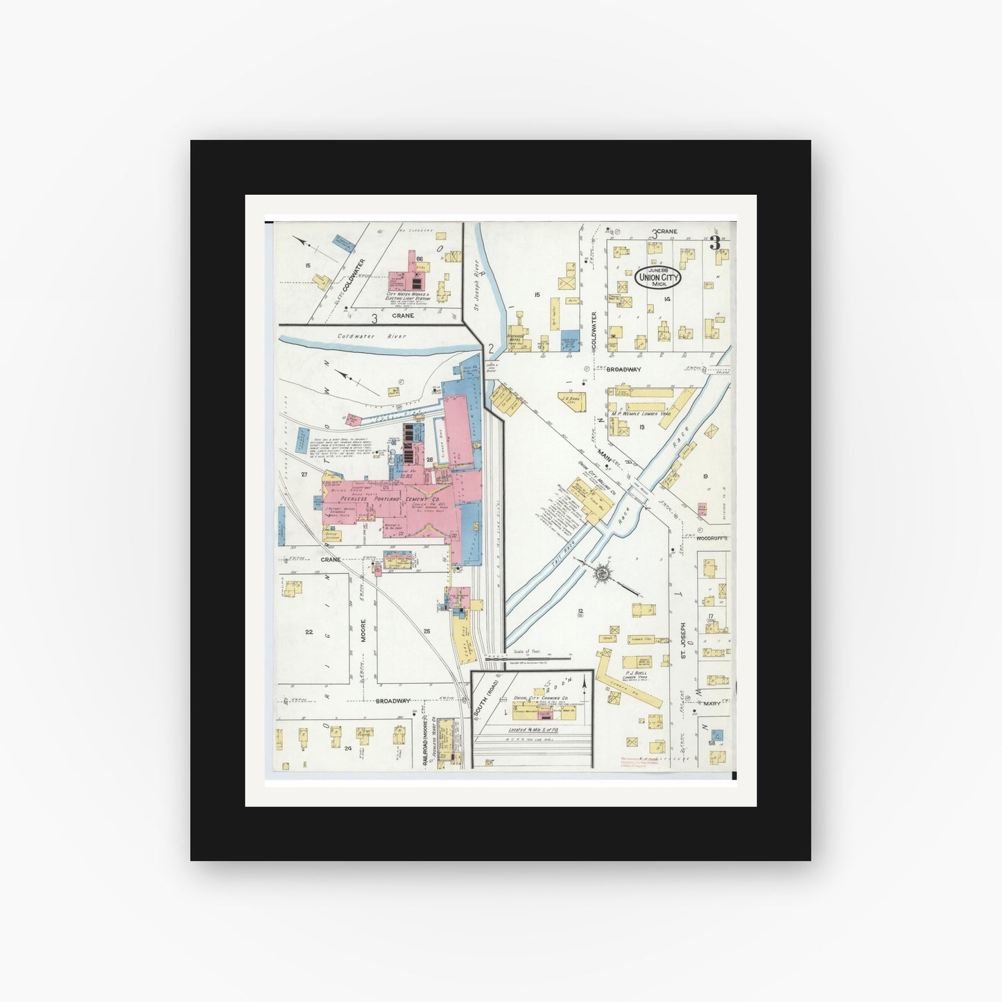 Old map wall art mockup — black gallery frame with white mat — Sanborn Fire Insurance Map from Union City, Branch And Calhoun Counties, Michigan (1918), Sheet #0003