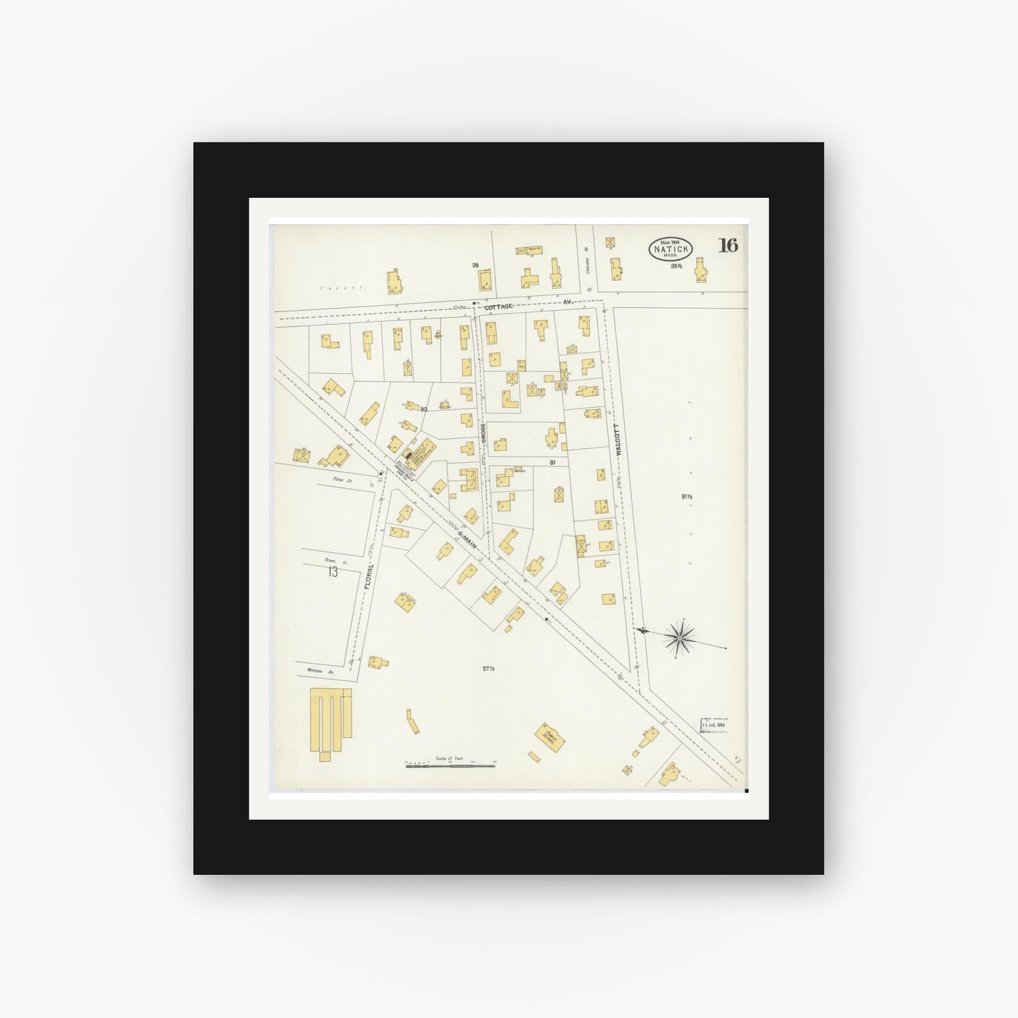 Old map wall art mockup — black gallery frame with white mat — Sanborn Fire Insurance Map from Natick, Middlesex County, Massachusetts (1904), Sheet #0016