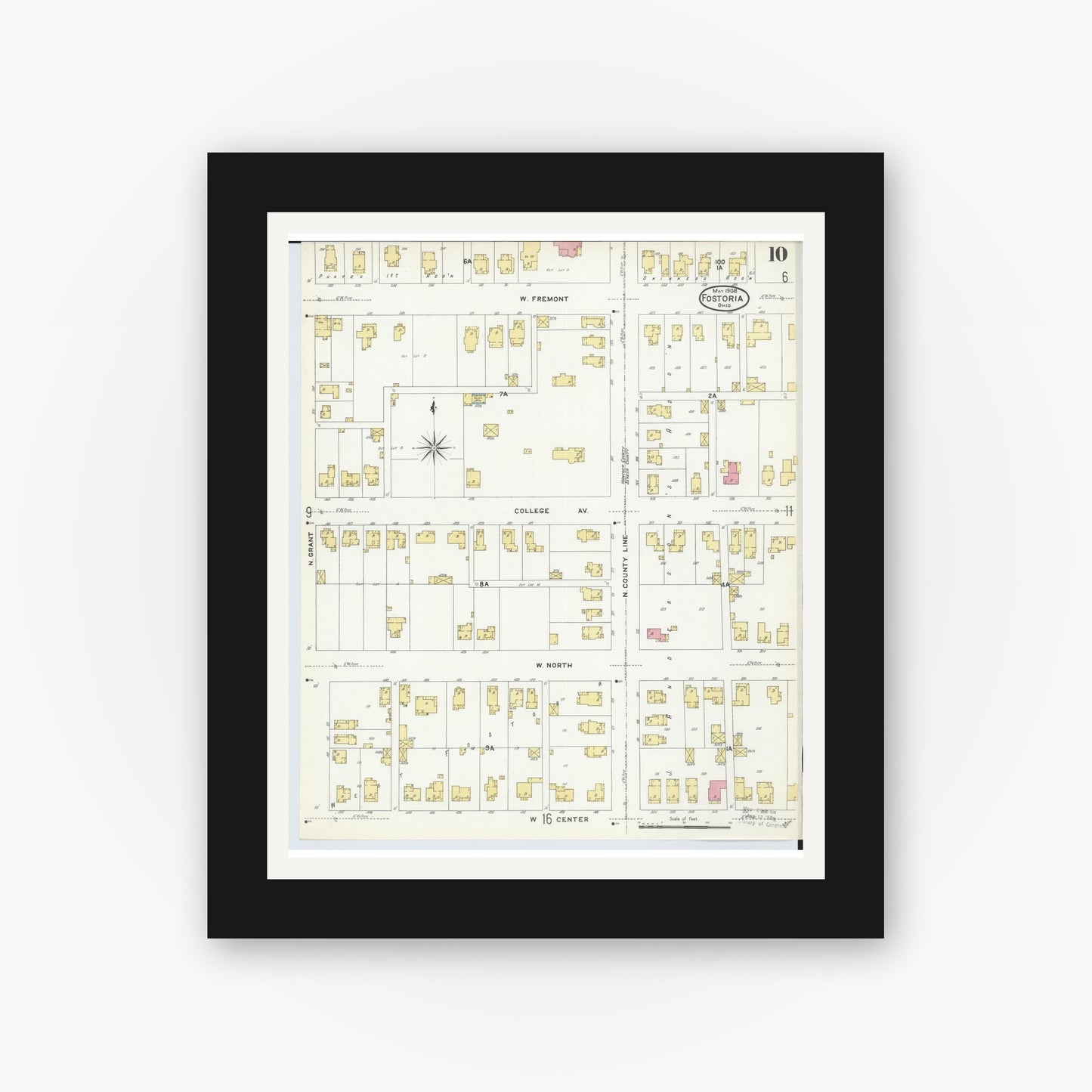 Old map wall art mockup — black gallery frame with white mat — Sanborn Fire Insurance Map from Fostoria, Seneca, Hancock, And Wood Counties, Ohio (1908), Sheet #0010