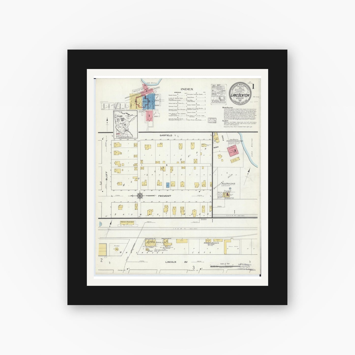 Old map wall art mockup — black gallery frame with white mat — Sanborn Fire Insurance Map from Lake Benton, Lincoln County, Minnesota (1917), Sheet #0001