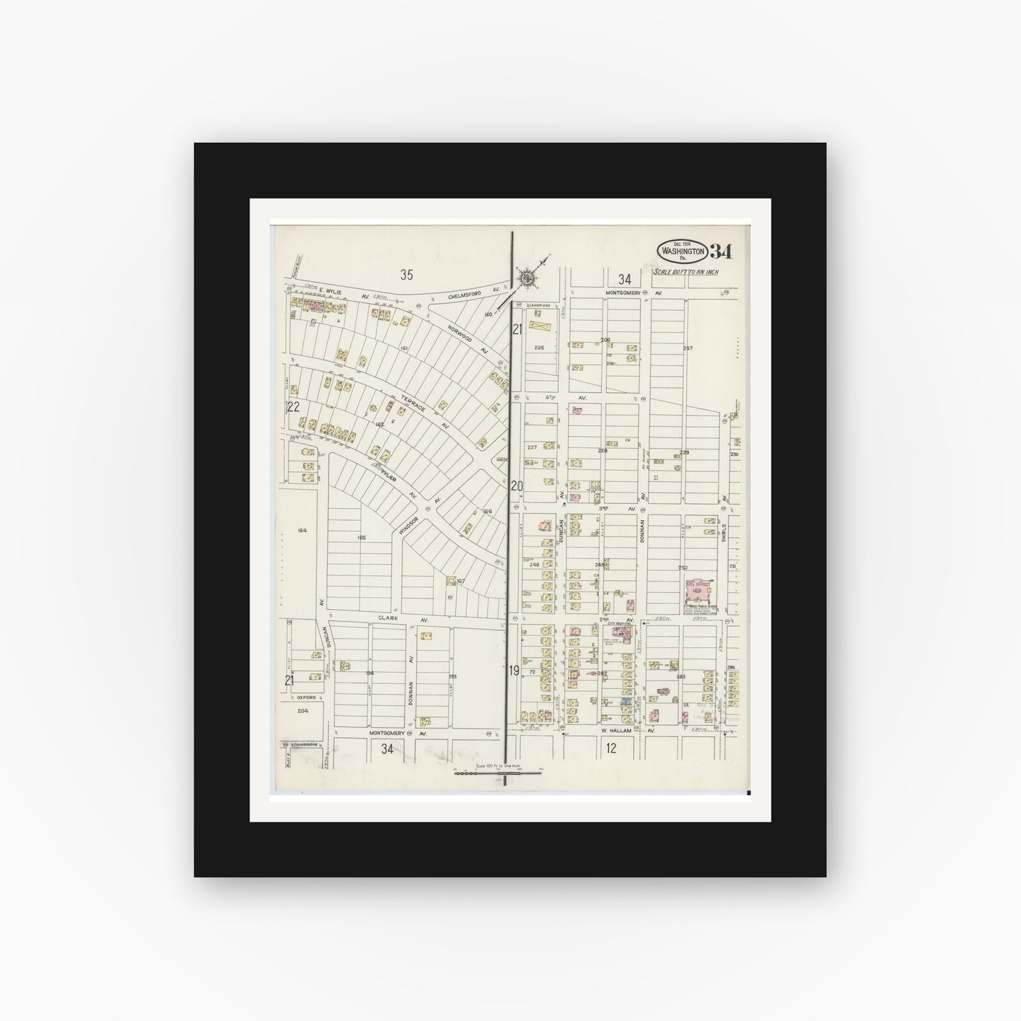 Old map wall art mockup — black gallery frame with white mat — Sanborn Fire Insurance Map from Washington, Washington County, Pennsylvania (1914), Sheet #0034