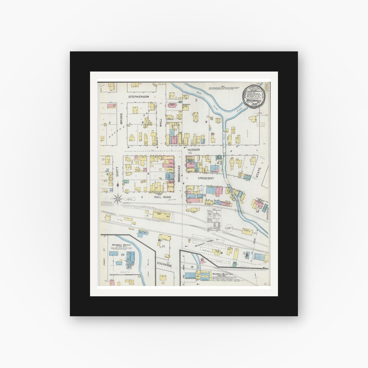 Old map wall art mockup — black gallery frame with white mat — Sanborn Fire Insurance Map from Mazomanie, Dane County, Wisconsin (1892), Sheet #0001