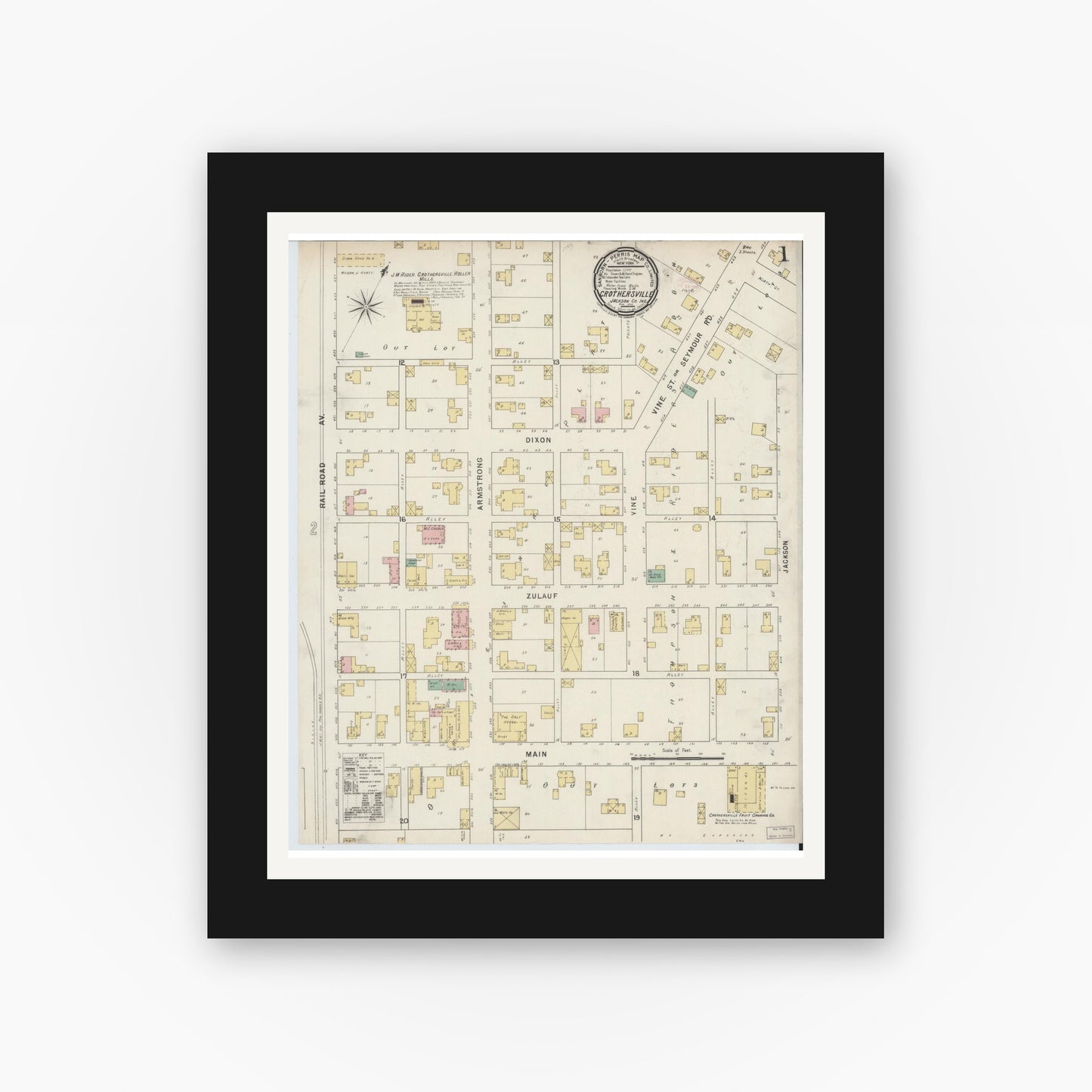 Old map wall art mockup — black gallery frame with white mat — Sanborn Fire Insurance Map from Crothersville, Jackson County, Indiana (1895) - Complete Map Set
