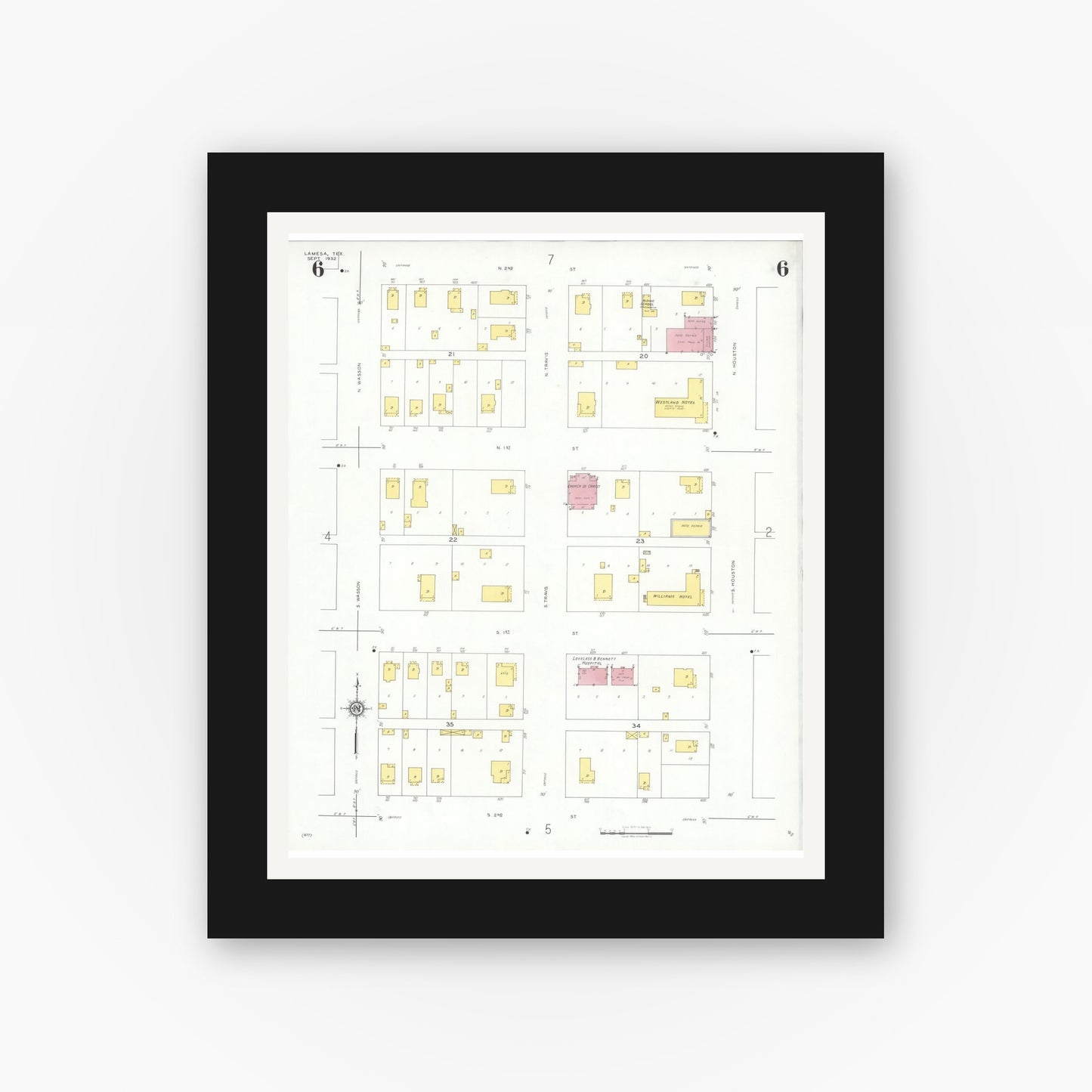 Old map wall art mockup — black gallery frame with white mat — Sanborn Fire Insurance Map from Lamesa, Dawson County, Texas (1932), Sheet #0006