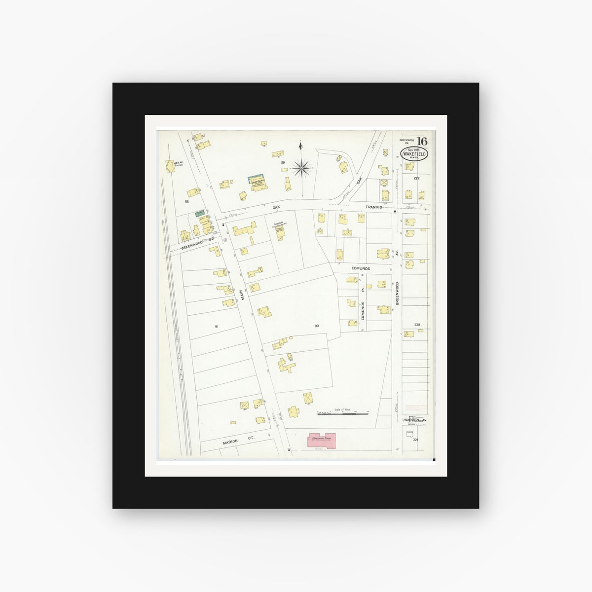 Old map wall art mockup — black gallery frame with white mat — Sanborn Fire Insurance Map from Wakefield, Middlesex County, Massachusetts (1909), Sheet #0016
