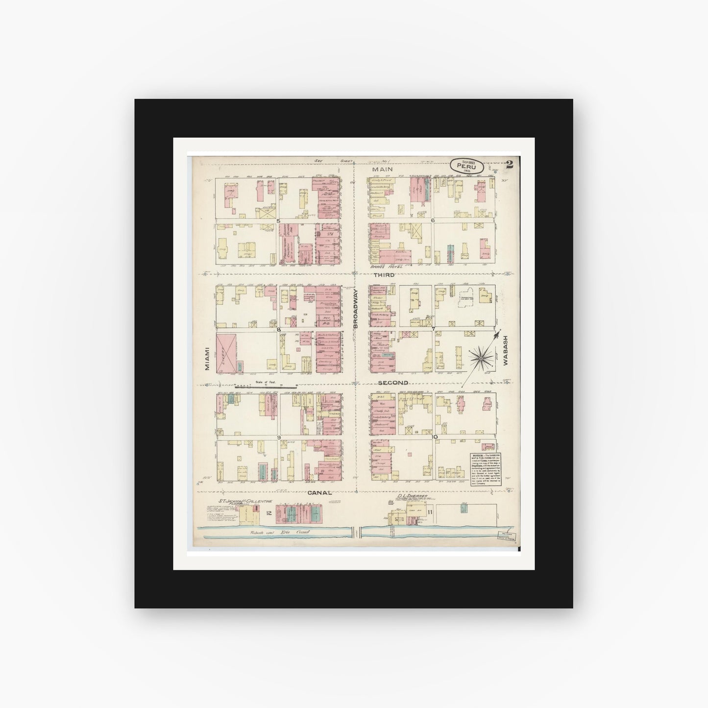 Old map wall art mockup — black gallery frame with white mat — Sanborn Fire Insurance Map from Peru, Miami County, Indiana (1883), Sheet #0002