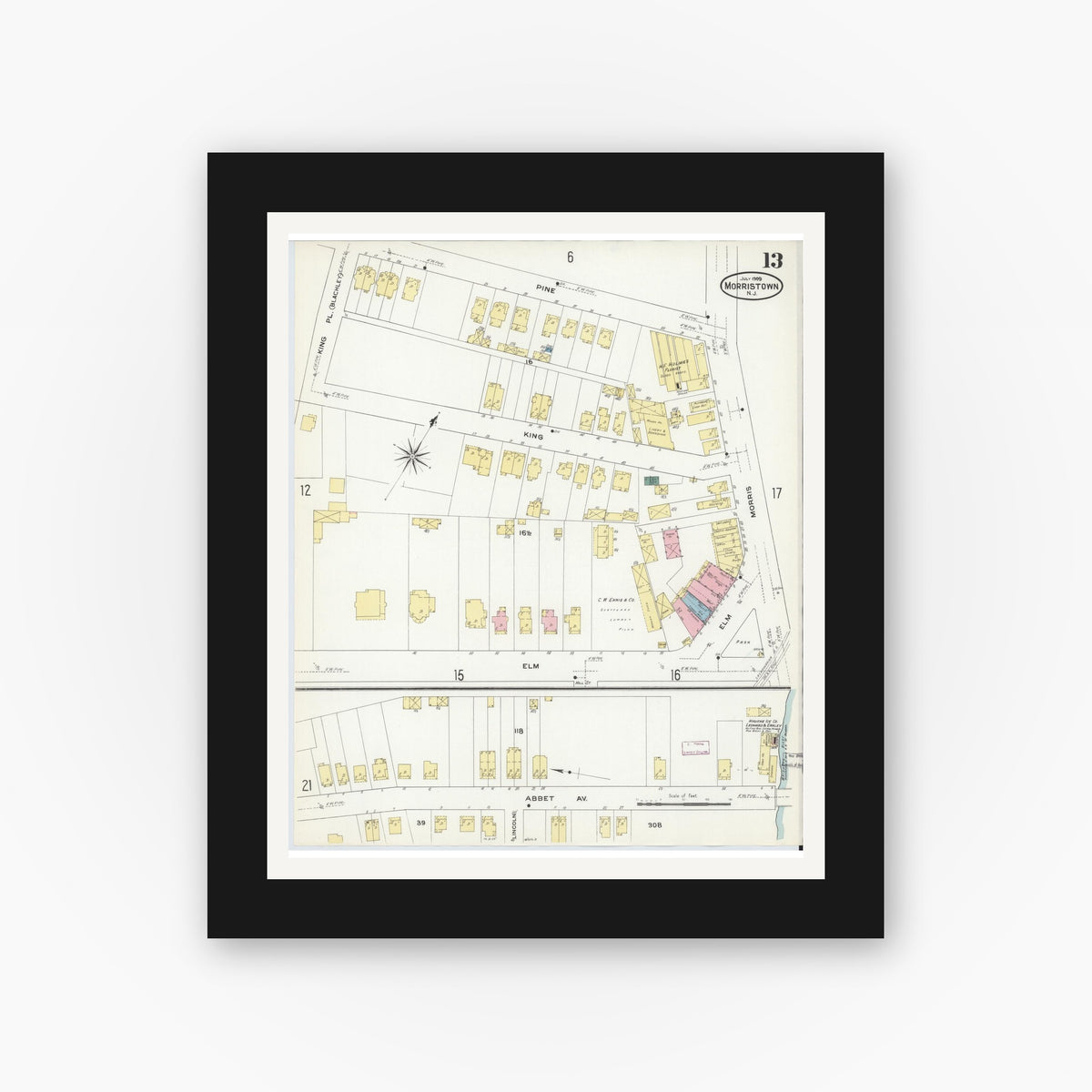 Old map wall art mockup — black gallery frame with white mat — Sanborn Fire Insurance Map from Morristown, Morris County, New Jersey (1909), Sheet #0013