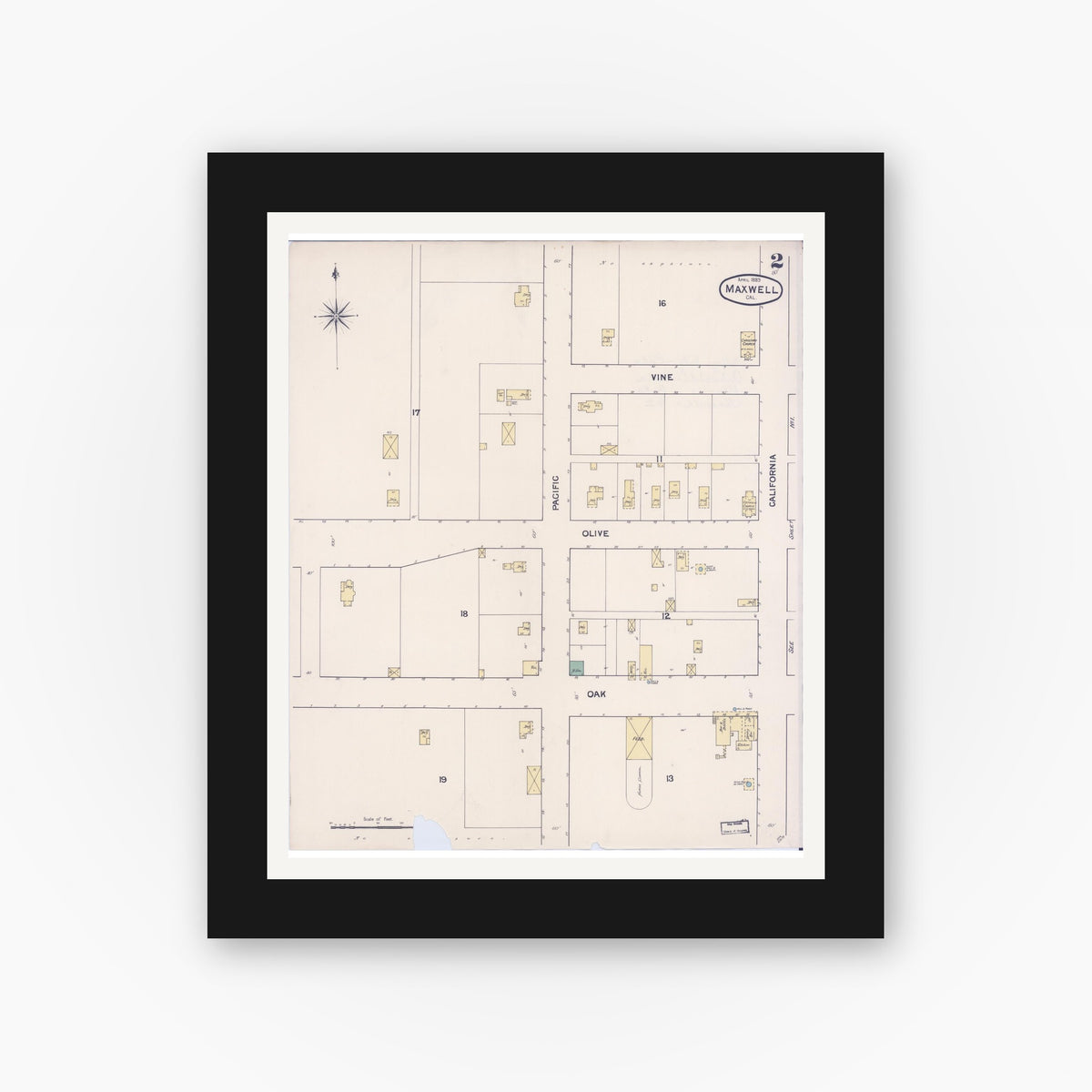 Old map wall art mockup — black gallery frame with white mat — Sanborn Fire Insurance Map from Maxwell, Colusa County, California (1889), Sheet #0002