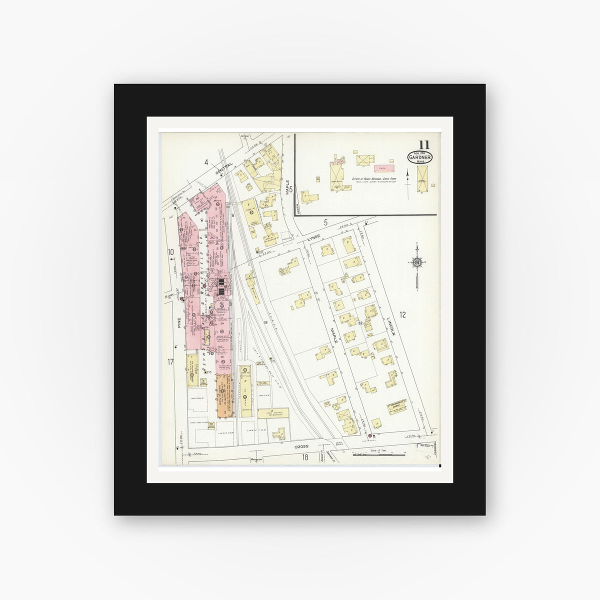 Old map wall art mockup — black gallery frame with white mat — Sanborn Fire Insurance Map from Gardner, Worcester County, Massachusetts (1914), Sheet #0011