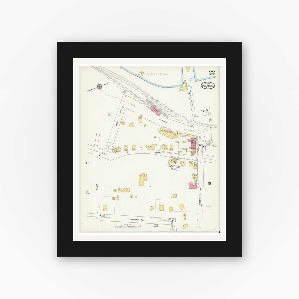 Old map wall art mockup — black gallery frame with white mat — Sanborn Fire Insurance Map from Peekskill, Westchester County, New York (1911), Sheet #0022