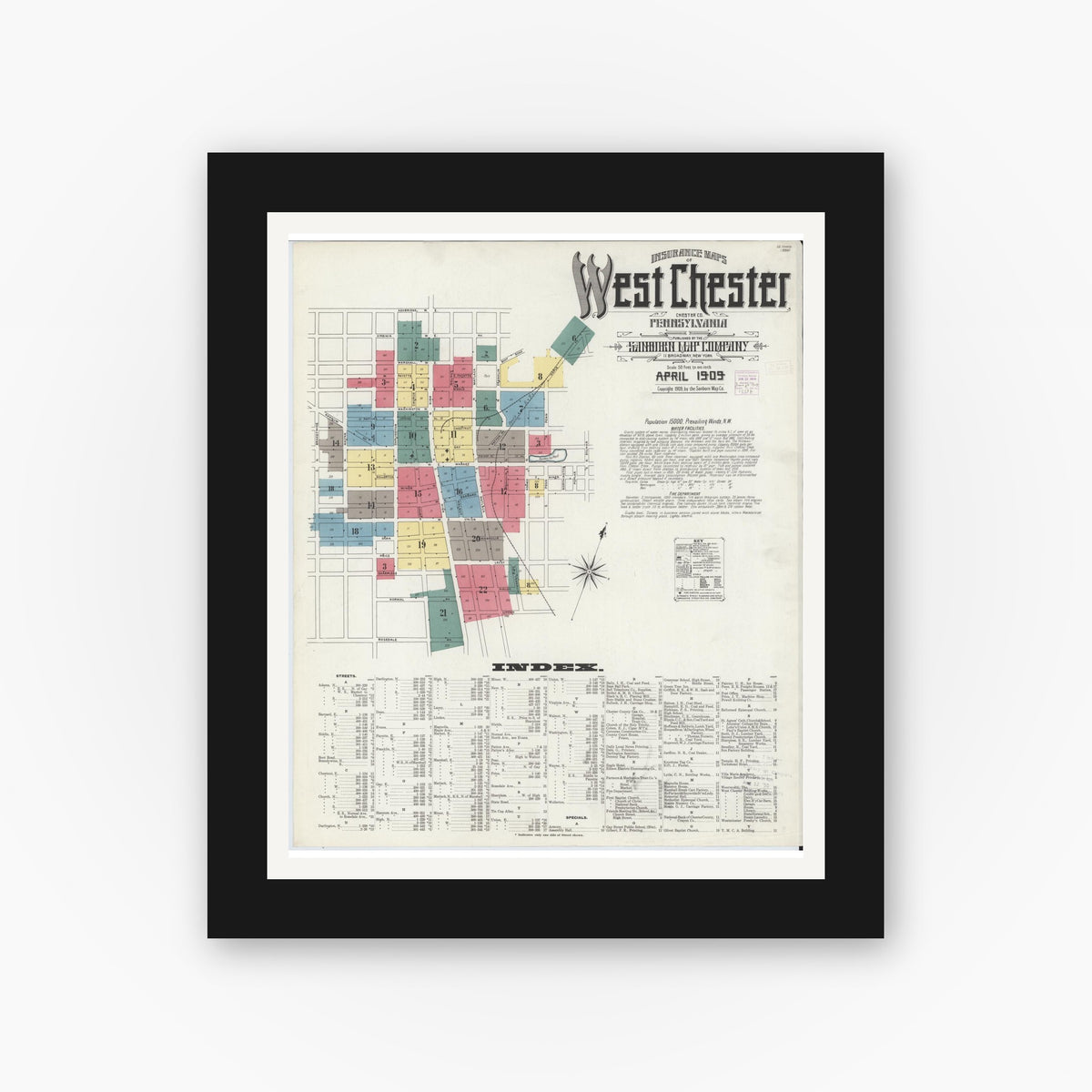 Old map wall art mockup — black gallery frame with white mat — Sanborn Fire Insurance Map from West Chester, Chester County, Pennsylvania (1909), Sheet #0001