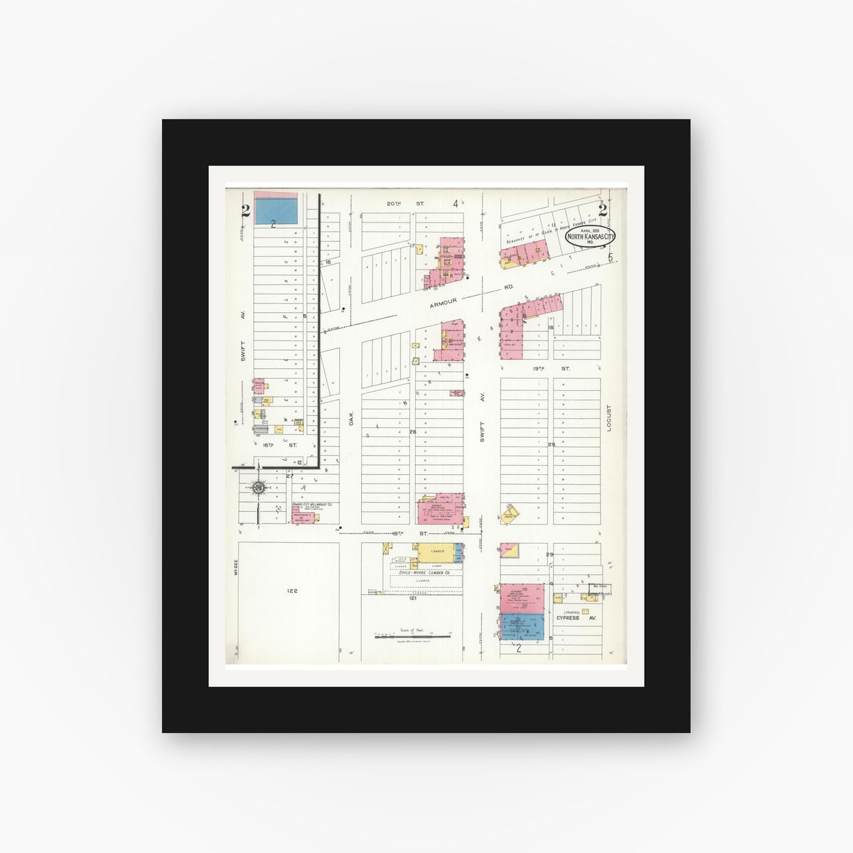 Old map wall art mockup — black gallery frame with white mat — Sanborn Fire Insurance Map from North Kansas City, Clay County, Missouri (1926), Sheet #0002