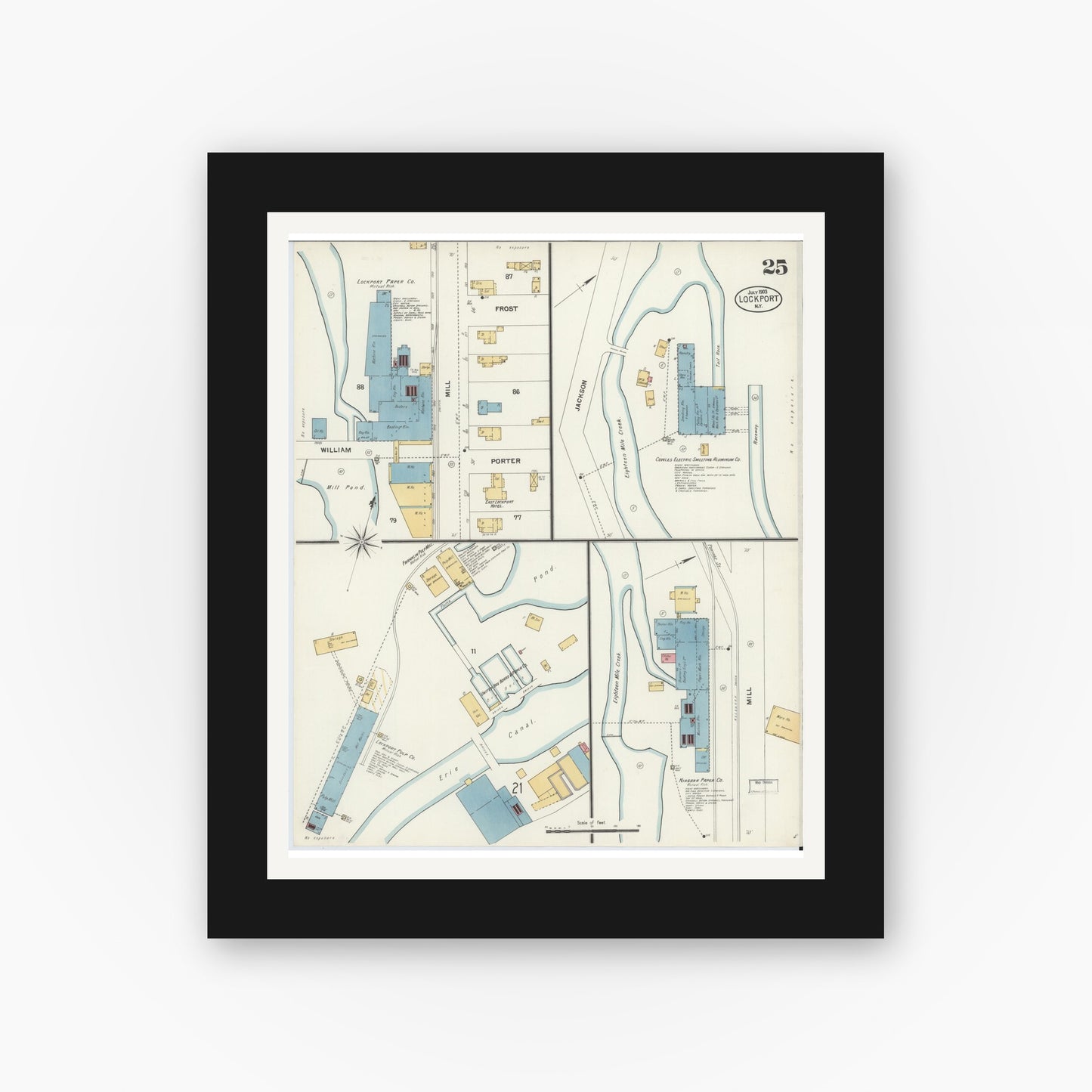 Old map wall art mockup — black gallery frame with white mat — Sanborn Fire Insurance Map from Lockport, Niagara County, New York (1903), Sheet #0025