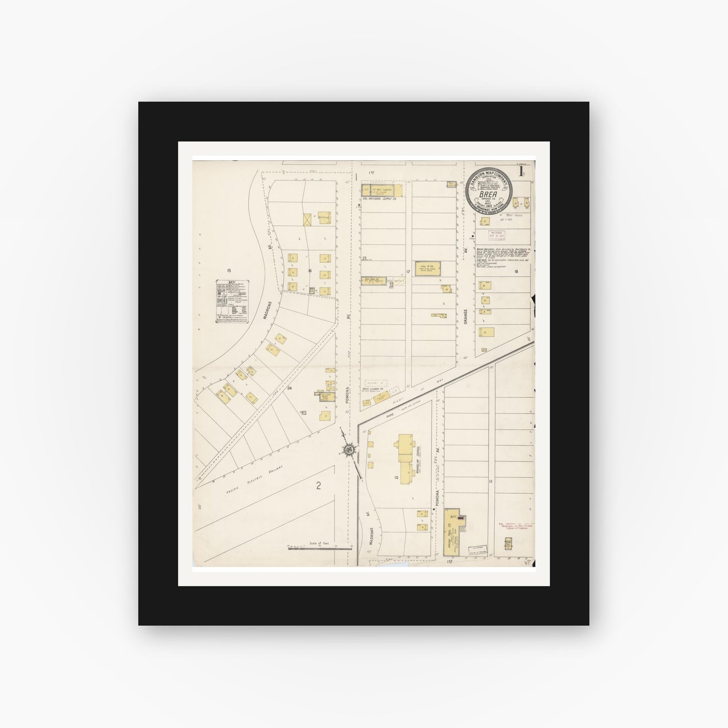 Old map wall art mockup — black gallery frame with white mat — Sanborn Fire Insurance Map from Brea, Orange County, California (1915) - Complete Map Set