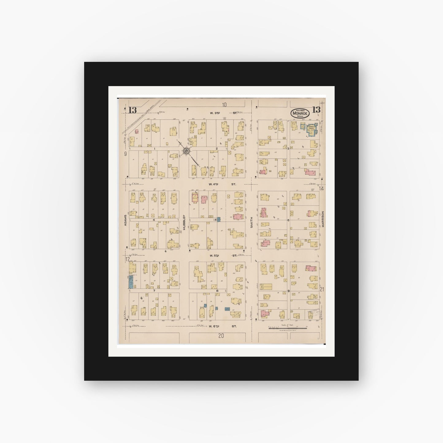 Old map wall art mockup — black gallery frame with white mat — Sanborn Fire Insurance Map from Monroe, Monroe County, Michigan (1922), Sheet #0013