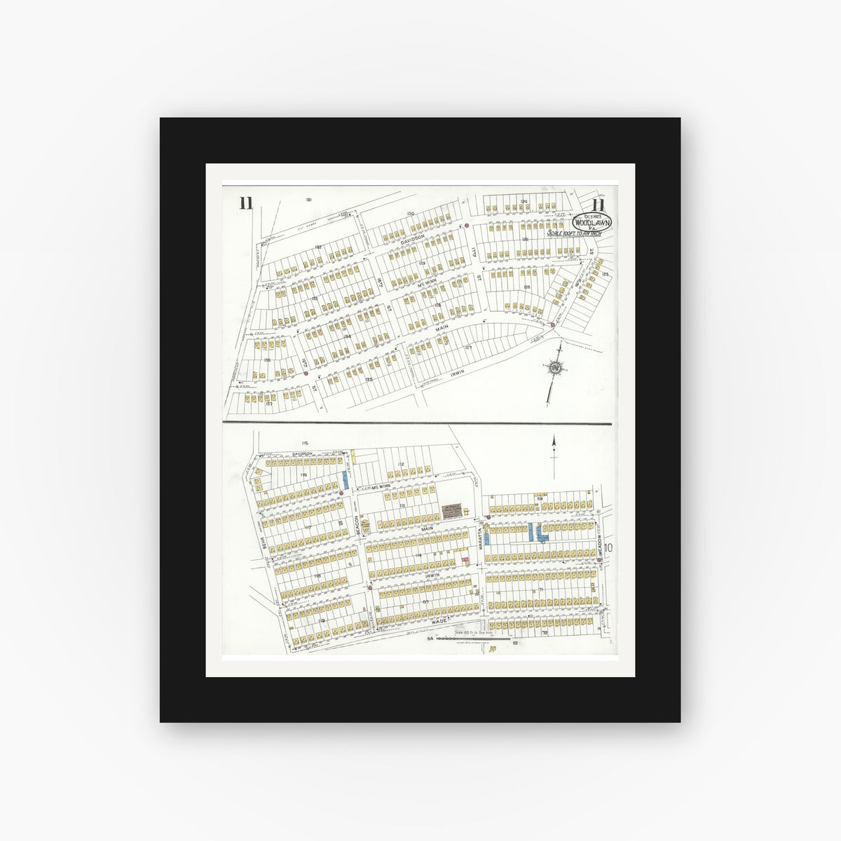 Old map wall art mockup — black gallery frame with white mat — Sanborn Fire Insurance Map from Woodlawn, Beaver County, Pennsylvania (1923), Sheet #0011