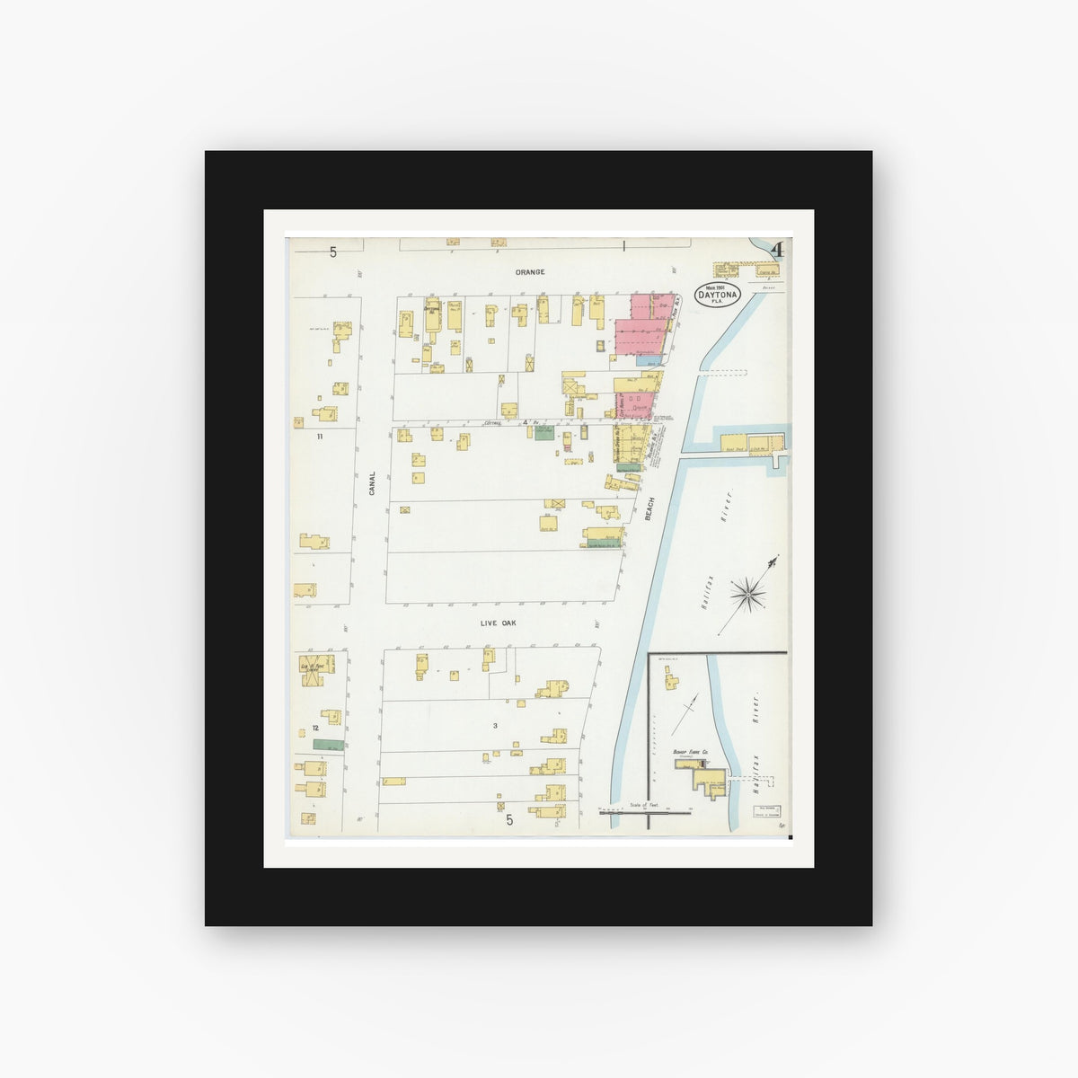 Old map wall art mockup — black gallery frame with white mat — Sanborn Fire Insurance Map from Daytona, Volusia County, Florida (1901), Sheet #0004