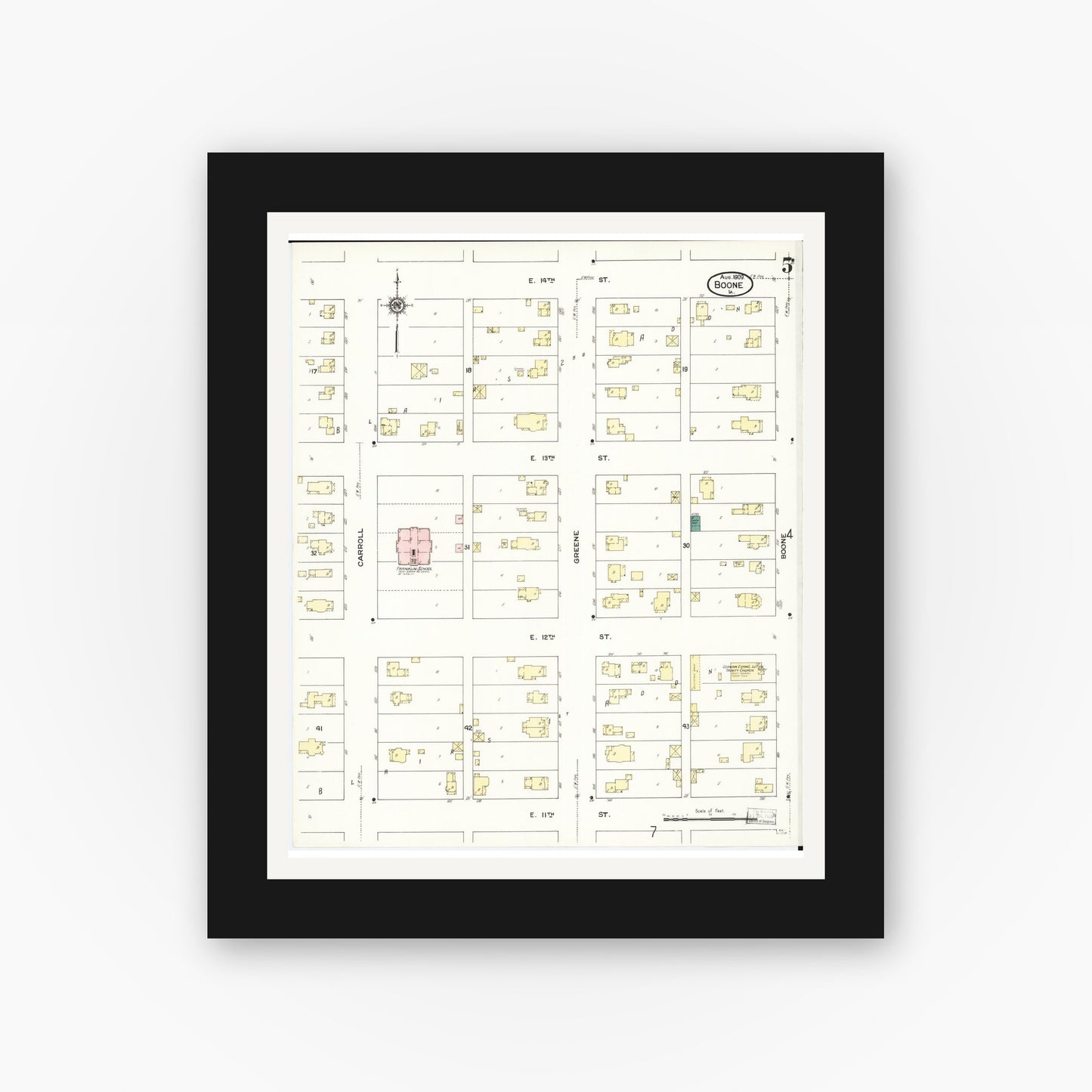 Old map wall art mockup — black gallery frame with white mat — Sanborn Fire Insurance Map from Boone, Boone County, Iowa (1909), Sheet #0005