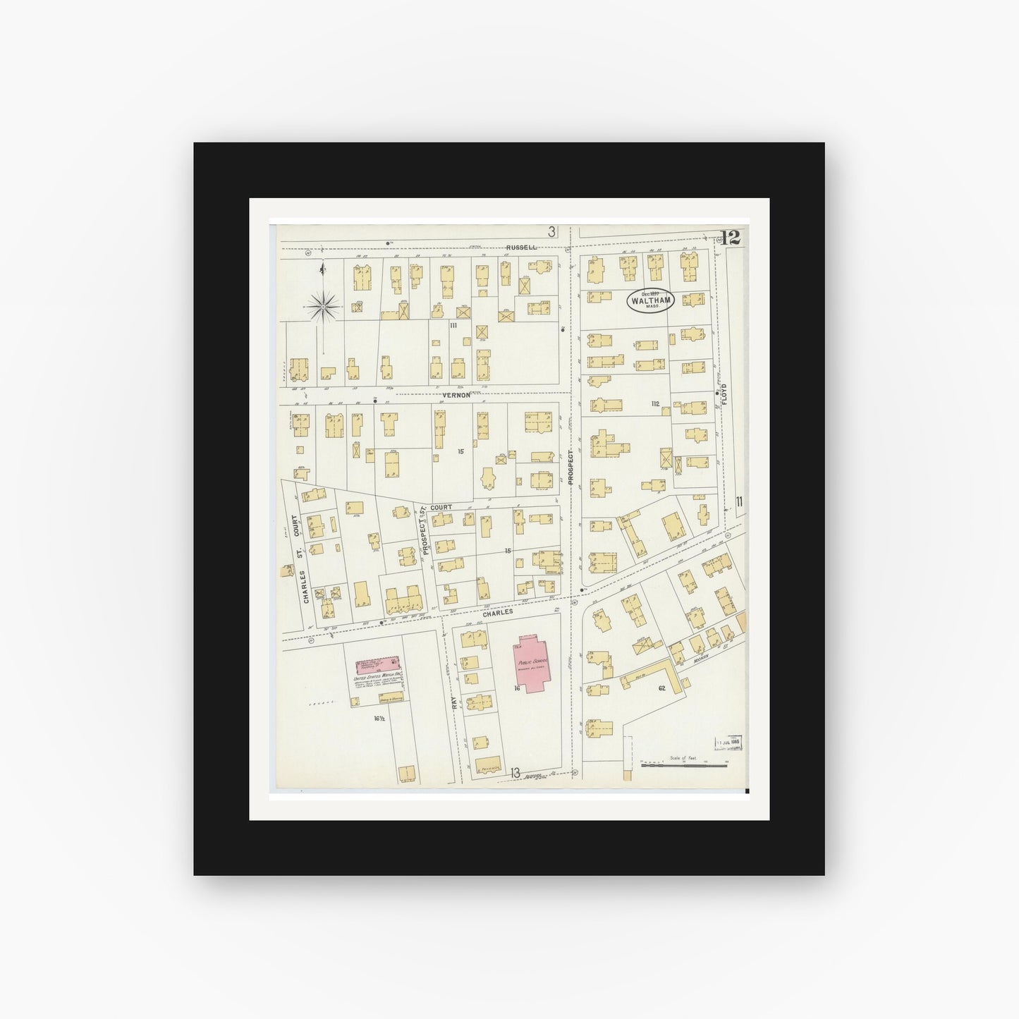 Old map wall art mockup — black gallery frame with white mat — Sanborn Fire Insurance Map from Waltham, Middlesex County, Massachusetts (1897), Sheet #0012