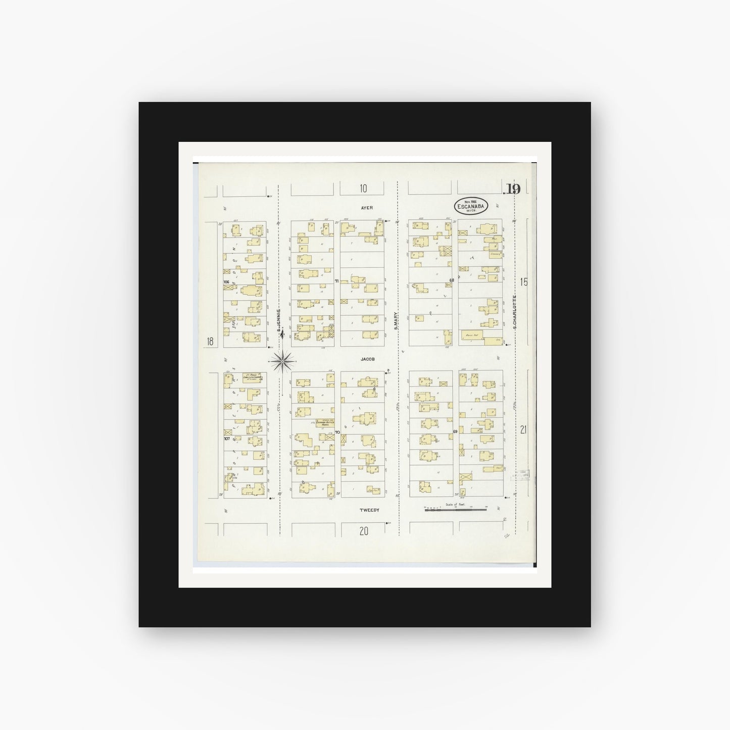 Old map wall art mockup — black gallery frame with white mat — Sanborn Fire Insurance Map from Escanaba, Delta County, Michigan (1906), Sheet #0019