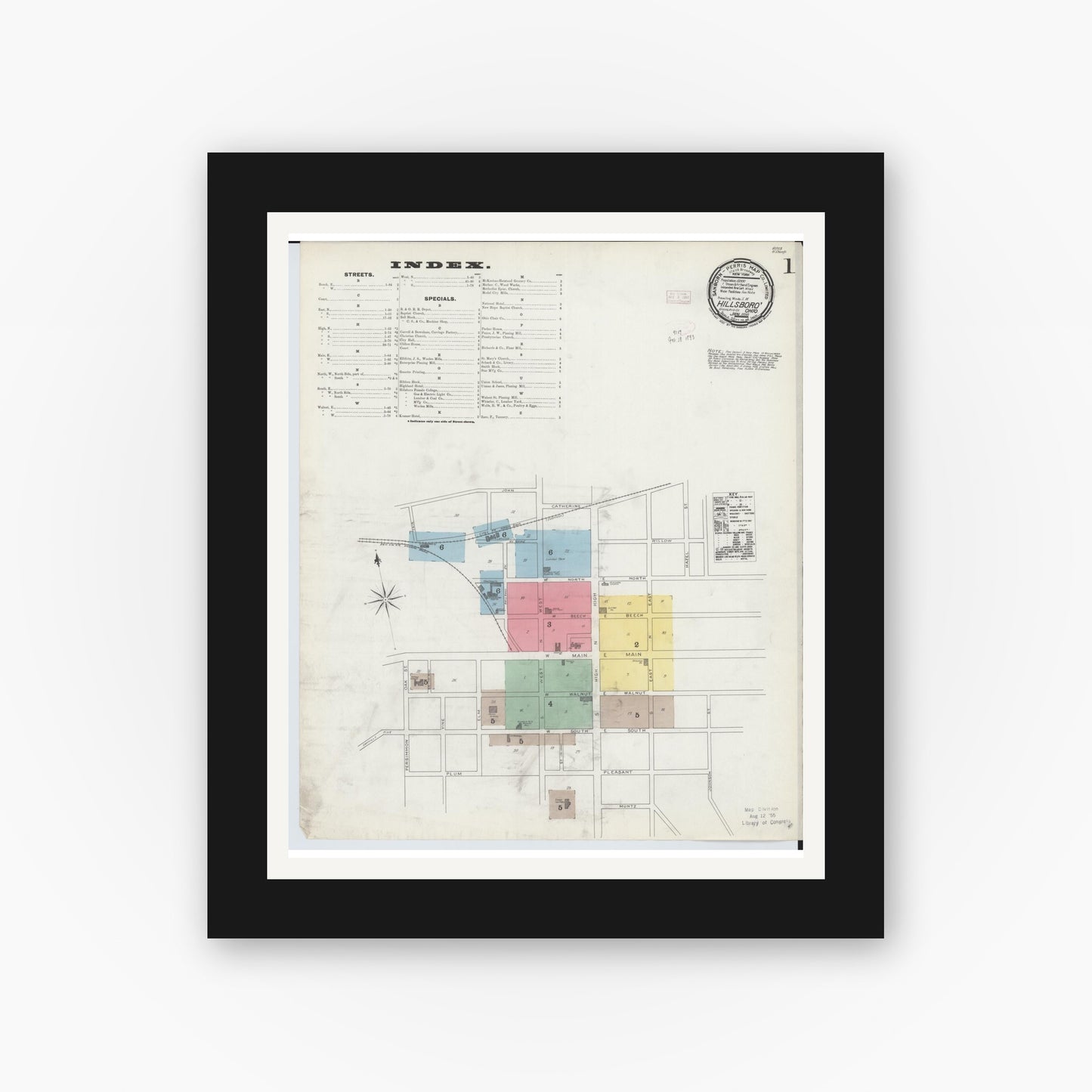 Old map wall art mockup — black gallery frame with white mat — Sanborn Fire Insurance Map from Hillsboro, Highland County, Ohio (1893), Sheet #0001