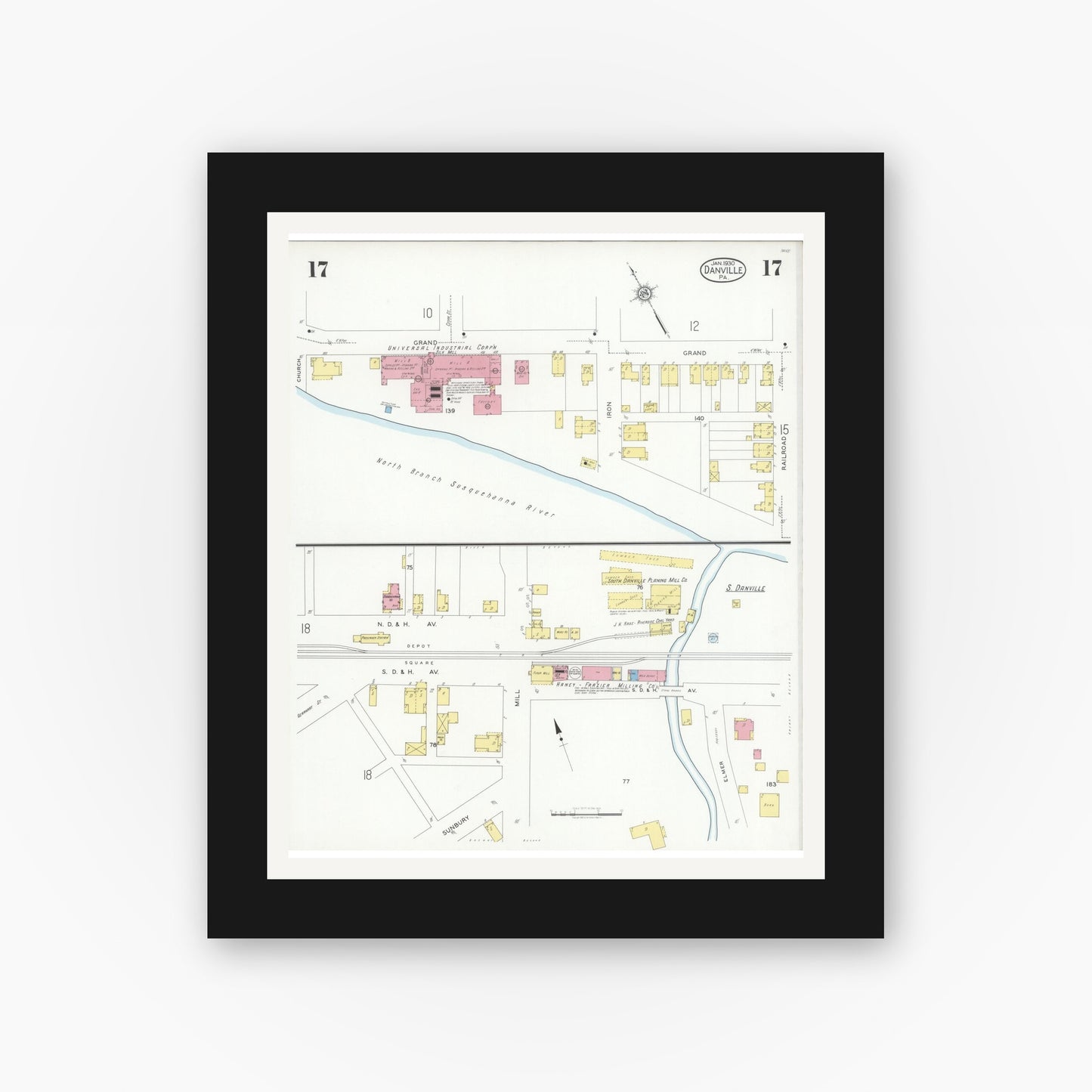 Old map wall art mockup — black gallery frame with white mat — Sanborn Fire Insurance Map from Danville, Montour County, Pennsylvania (1930), Sheet #0017