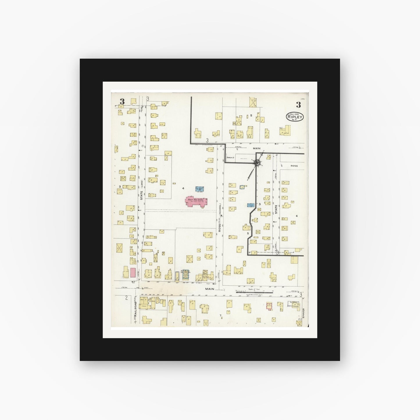Old map wall art mockup — black gallery frame with white mat — Sanborn Fire Insurance Map from Ripley, Chautauqua County, New York (1924), Sheet #0003