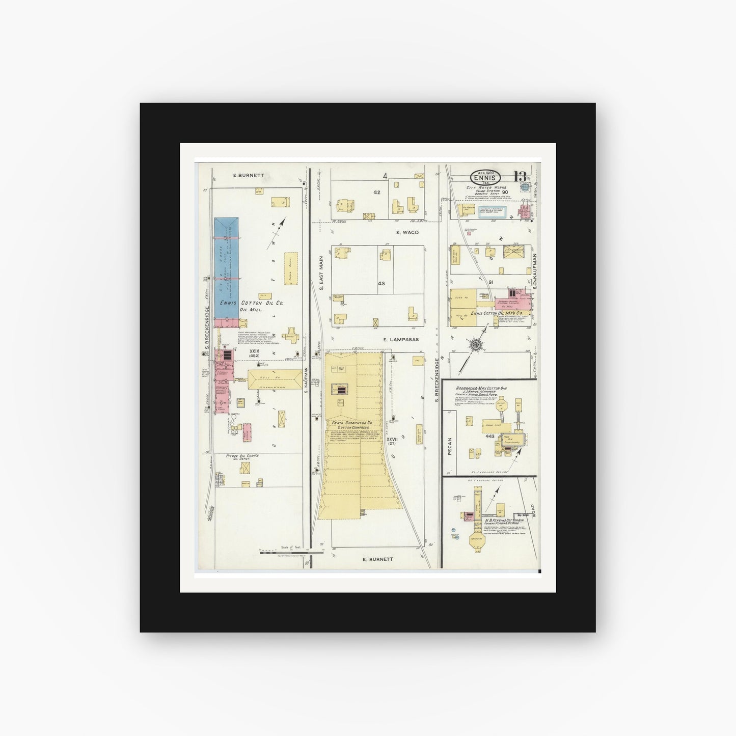 Old map wall art mockup — black gallery frame with white mat — Sanborn Fire Insurance Map from Ennis, Ellis County, Texas (1920), Sheet #0013