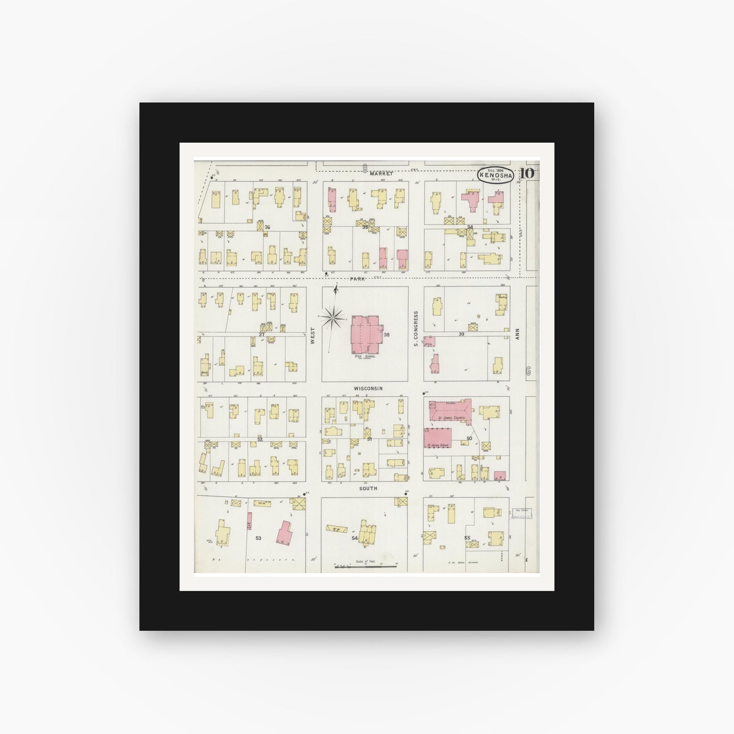 Old map wall art mockup — black gallery frame with white mat — Sanborn Fire Insurance Map from Kenosha, Kenosha County, Wisconsin (1894), Sheet #0010