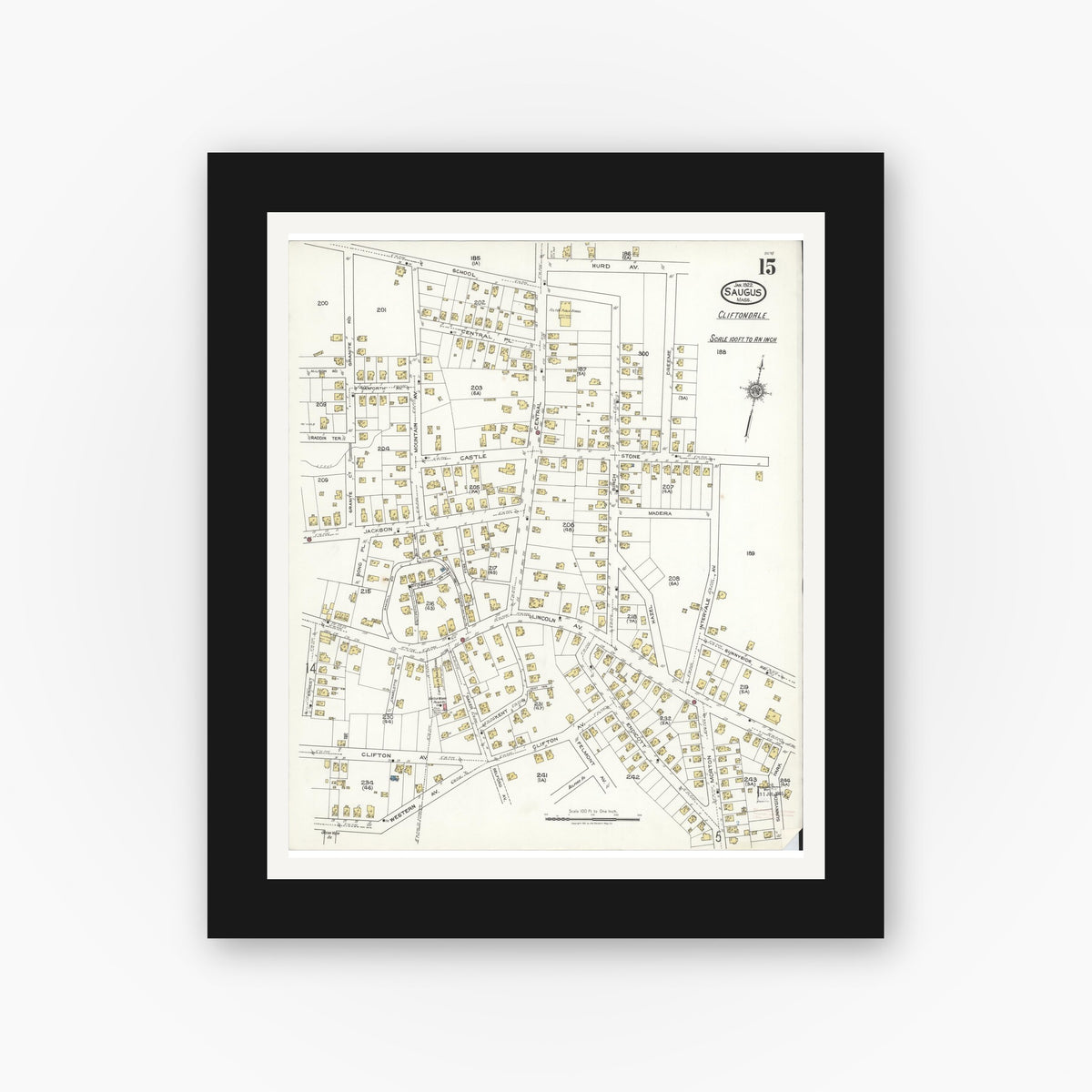 Old map wall art mockup — black gallery frame with white mat — Sanborn Fire Insurance Map from Saugus, Essex County, Massachusetts (1922), Sheet #0015