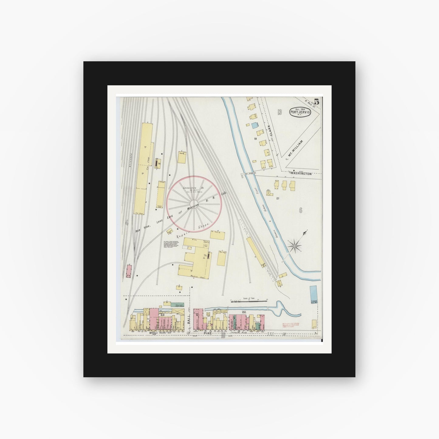 Old map wall art mockup — black gallery frame with white mat — Sanborn Fire Insurance Map from Port Jervis, Orange County, New York (1894), Sheet #0005