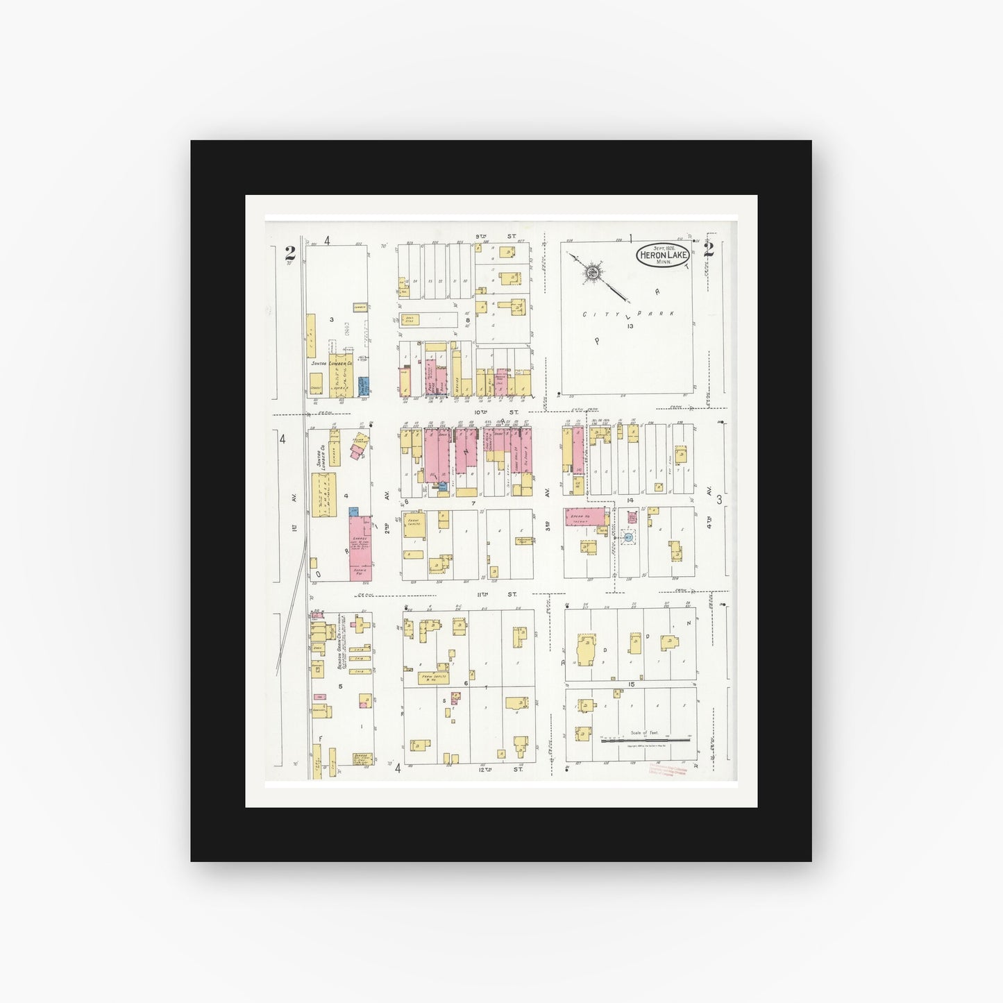 Old map wall art mockup — black gallery frame with white mat — Sanborn Fire Insurance Map from Heron Lake, Jackson County, Minnesota (1926), Sheet #0002