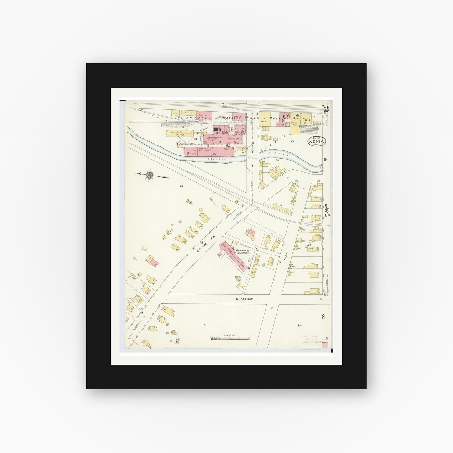 Old map wall art mockup — black gallery frame with white mat — Sanborn Fire Insurance Map from Xenia, Greene County, Ohio (1910), Sheet #0002