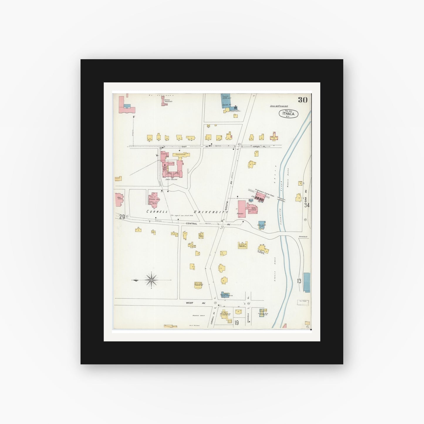 Old map wall art mockup — black gallery frame with white mat — Sanborn Fire Insurance Map from Ithaca, Tompkins County, New York (1904), Sheet #0030