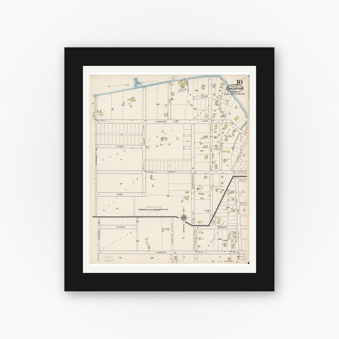 Old map wall art mockup — black gallery frame with white mat — Sanborn Fire Insurance Map from Bradentown, Manatee County, Florida (1922), Sheet #0010