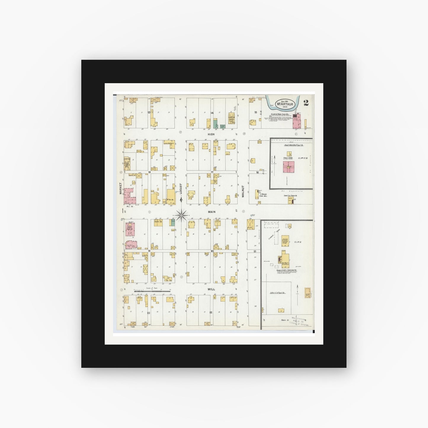 Old map wall art mockup — black gallery frame with white mat — Sanborn Fire Insurance Map from McArthur, Vinton County, Ohio (1901), Sheet #0002