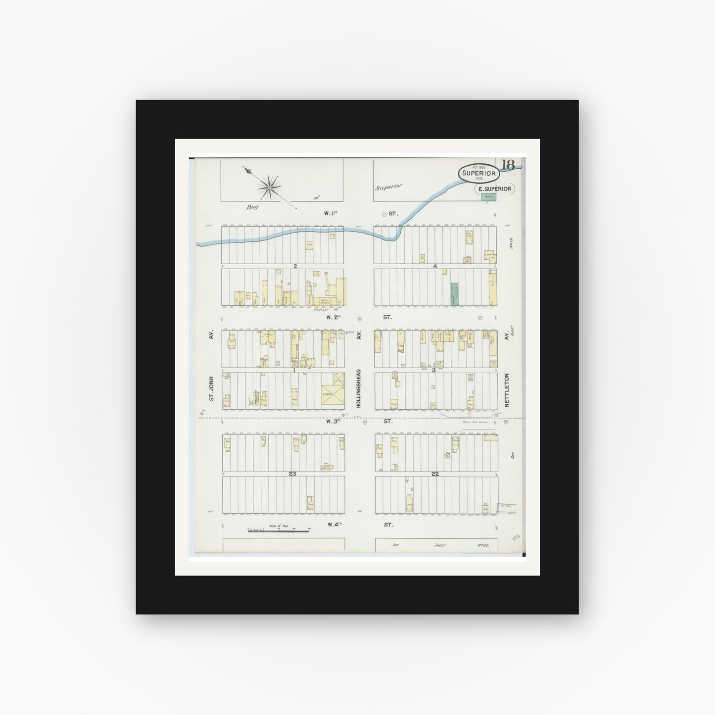 Old map wall art mockup — black gallery frame with white mat — Sanborn Fire Insurance Map from Superior, Douglas County, Wisconsin (1889), Sheet #0018