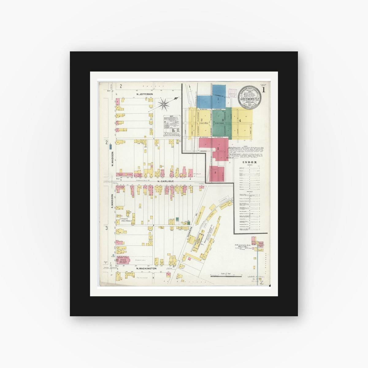 Old map wall art mockup — black gallery frame with white mat — Sanborn Fire Insurance Map from Greencastle, Franklin County, Pennsylvania (1907), Sheet #0001