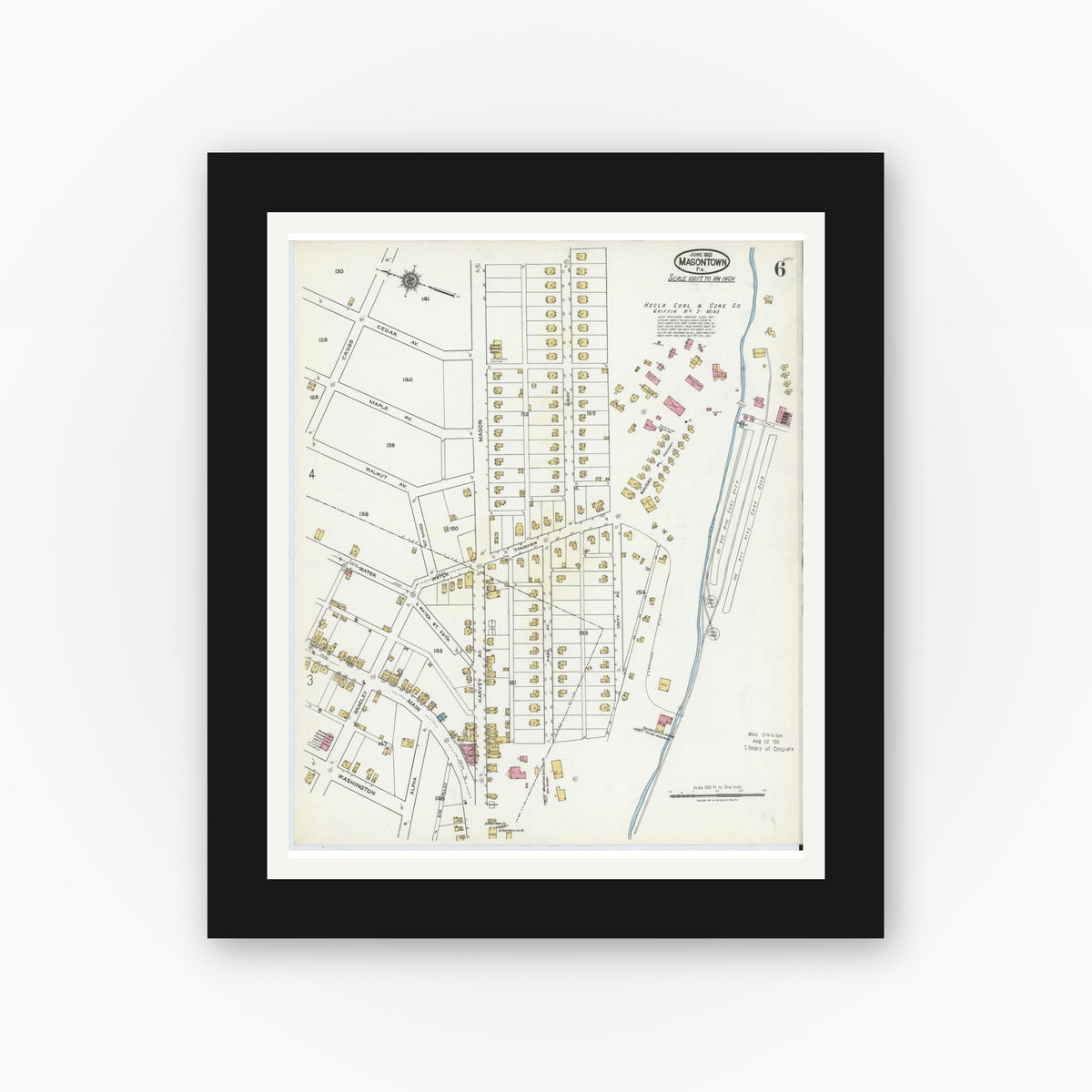 Old map wall art mockup β black gallery frame with white mat β Sanborn Fire Insurance Map from Masontown, Fayette County, Pennsylvania (1921), Sheet #0006