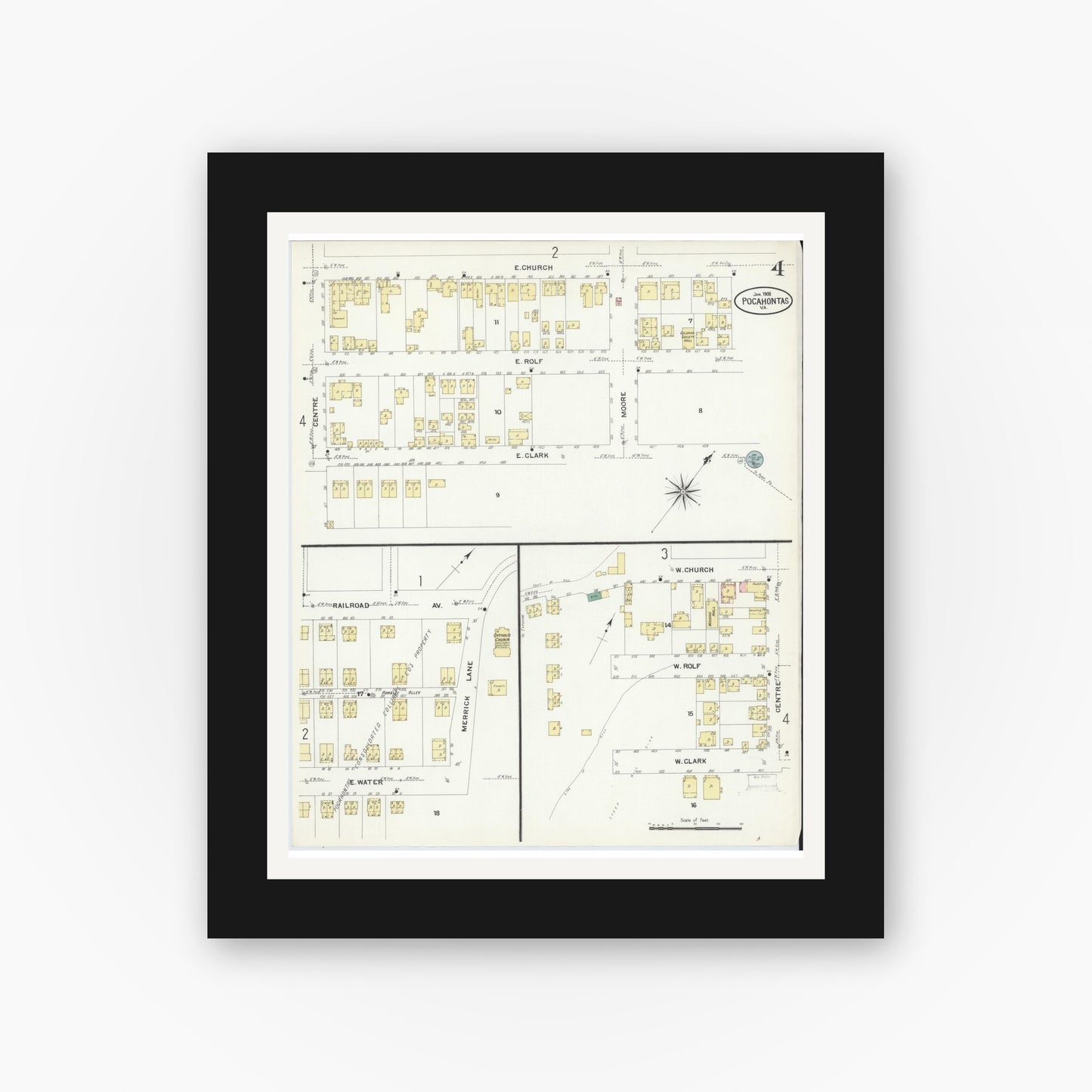 Old map wall art mockup — black gallery frame with white mat — Sanborn Fire Insurance Map from Pocahontas, Tazewell County, Virginia (1908), Sheet #0004
