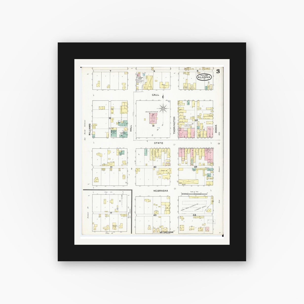 Old map wall art mockup — black gallery frame with white mat — Sanborn Fire Insurance Map from Algona, Kossuth County, Iowa (1892), Sheet #0003