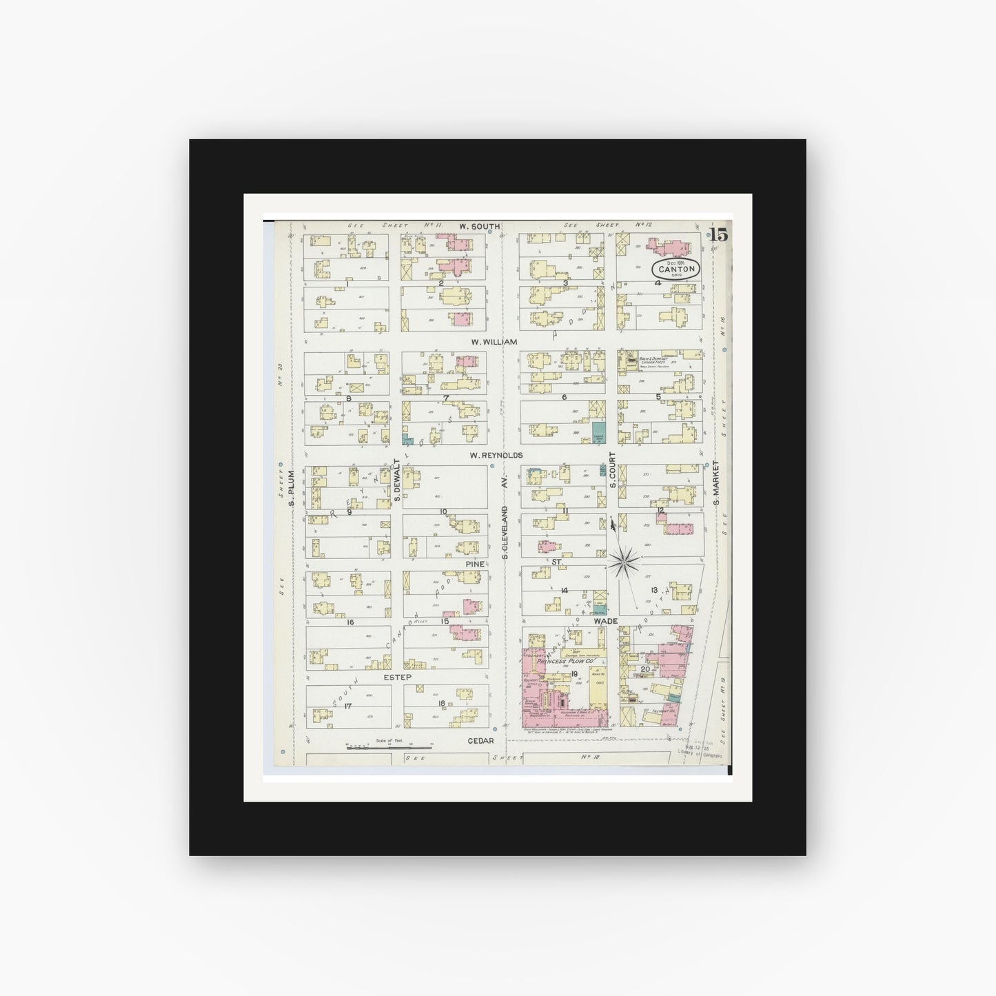 Old map wall art mockup — black gallery frame with white mat — Sanborn Fire Insurance Map from Canton, Stark County, Ohio (1891), Sheet #0015