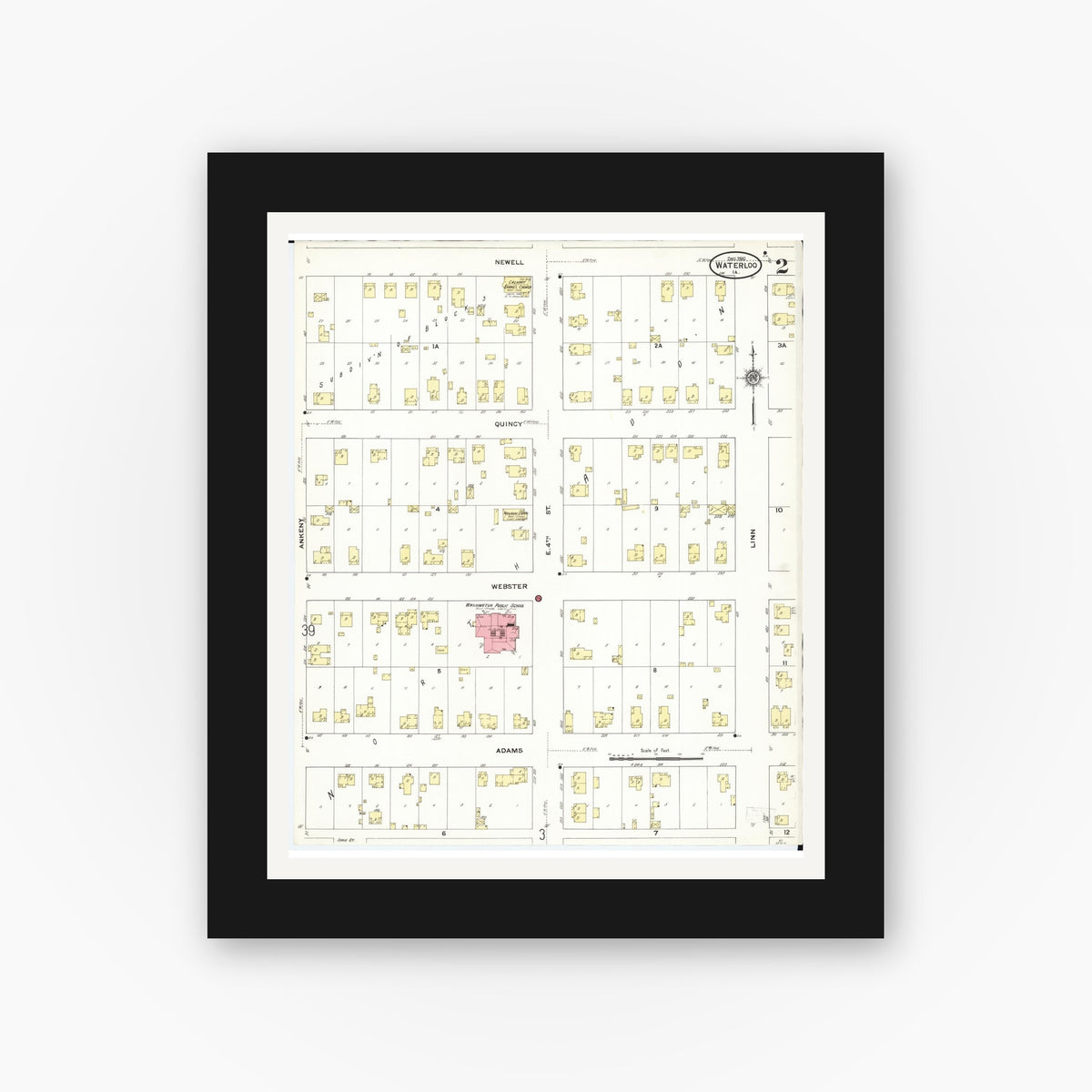 Old map wall art mockup — black gallery frame with white mat — Sanborn Fire Insurance Map from Waterloo, Black Hawk County, Iowa (1910), Sheet #0002