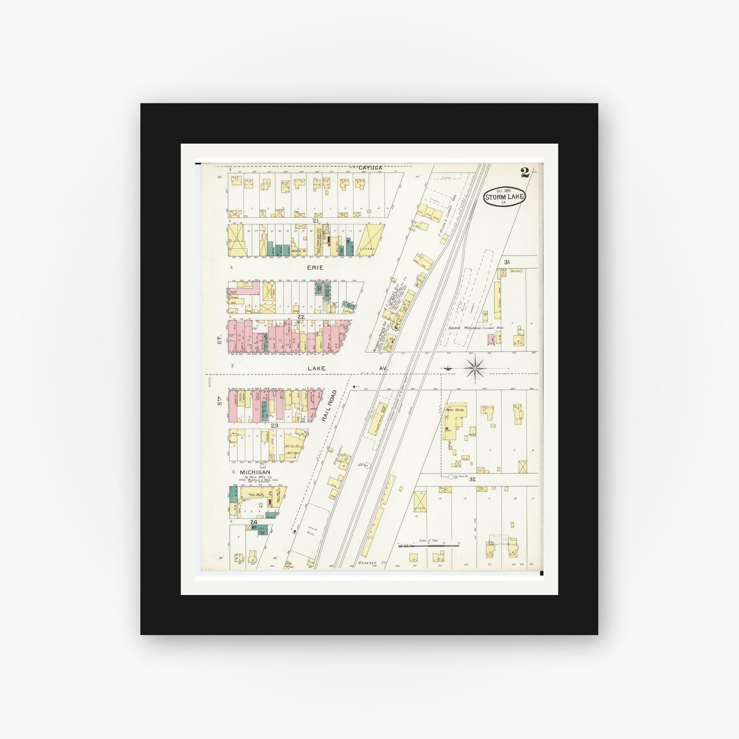 Old map wall art mockup β black gallery frame with white mat β Sanborn Fire Insurance Map from Storm Lake, Buena Vista County, Iowa (1893), Sheet #0002