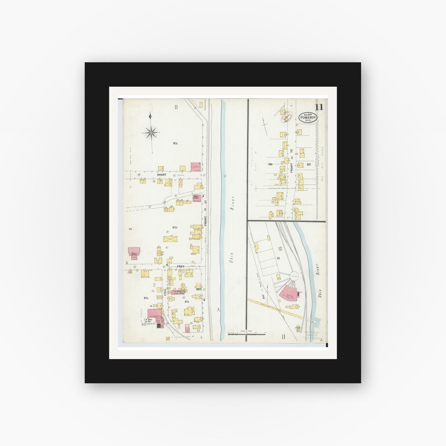 Old map wall art mockup — black gallery frame with white mat — Sanborn Fire Insurance Map from Pomeroy, Meigs County, Ohio (1899), Sheet #0011
