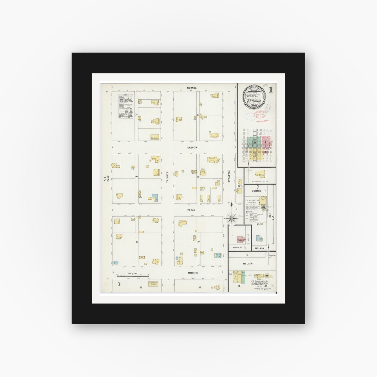 Old map wall art mockup — black gallery frame with white mat — Sanborn Fire Insurance Map from Seymour, Baylor County, Texas (1898) - Complete Map Set