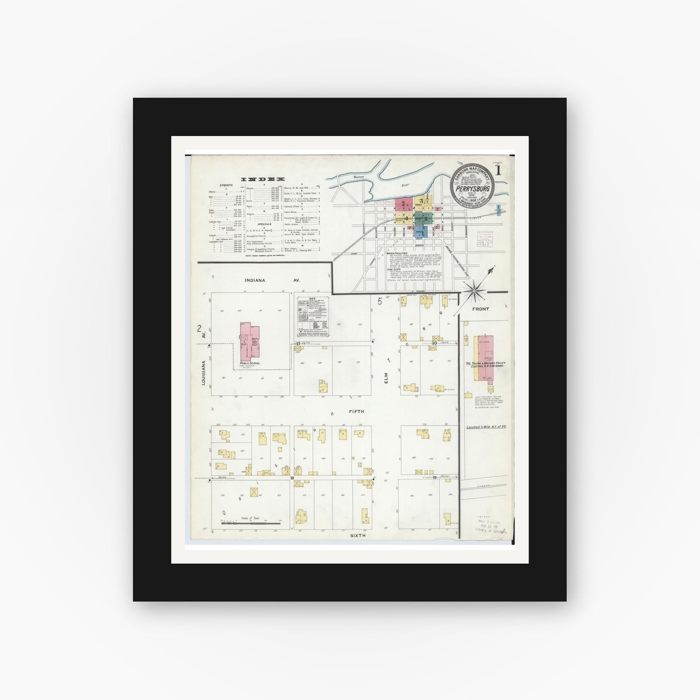 Old map wall art mockup — black gallery frame with white mat — Sanborn Fire Insurance Map from Perrysburg, Wood County, Ohio (1908), Sheet #0001